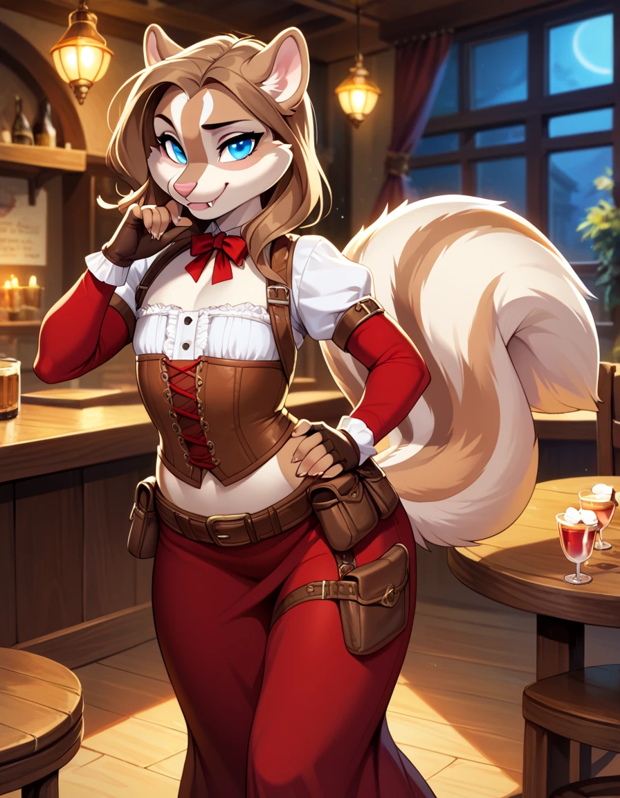 mature female, furry fox, vixen, (dark red fur:1.6), gray pleated skirt, green turtleneck sweater, black heels, large breasts, (nipple outline:0.95), thick thighs, huge ass, hyper hips, narrow waist, hourglass figure, (no hair:1.4), golden eyes, laboratory, casual pose, masterpiece, highres, 4k, by darkgem, by meesh, by boosterpang,