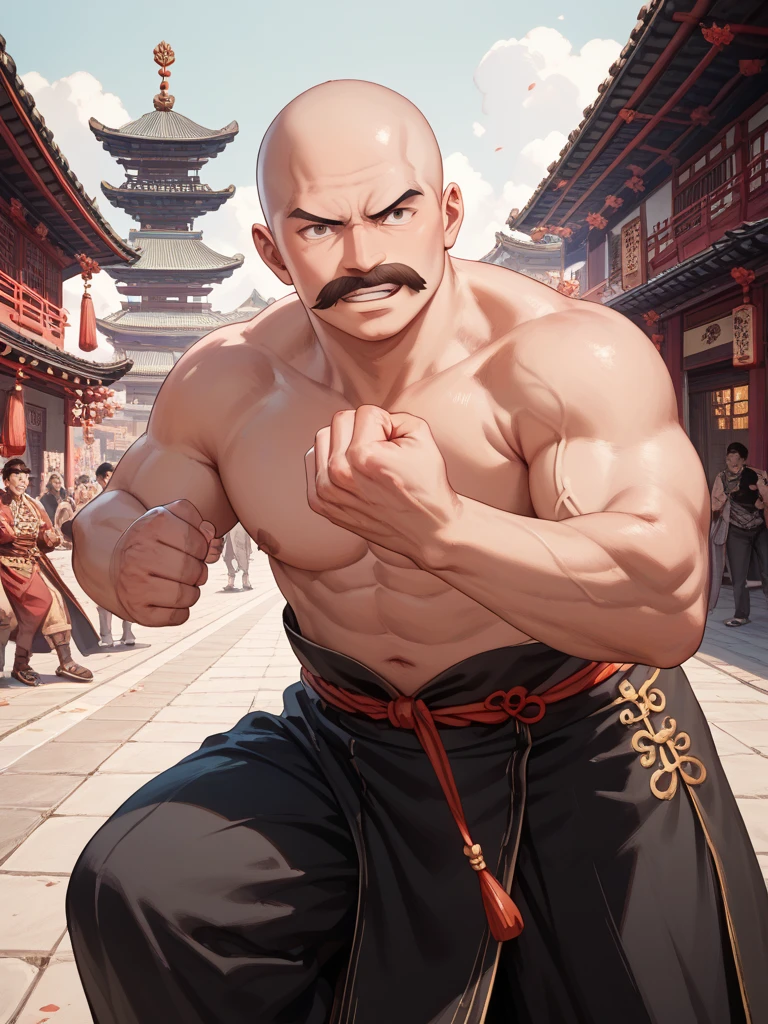 in the room,A Taoist priest is putting on pants,man in his forties,black and white hair,Asian men,Asian traditional architecture,wooden house,rough face,Light beard,Exquisite eyelid details,Sweat,Strong body,Large pecs,(Lipid muscle:2),Thick thighs,Mermaid line muscles,helmet cloth,White shorts are exposed,(Pleurotus eryngii stuffed into pants),(exquisite eyes:1.3),(Delicate skin texture),body oil,rockery,Head-up camera angle,rain,glowing shadow,clean images,