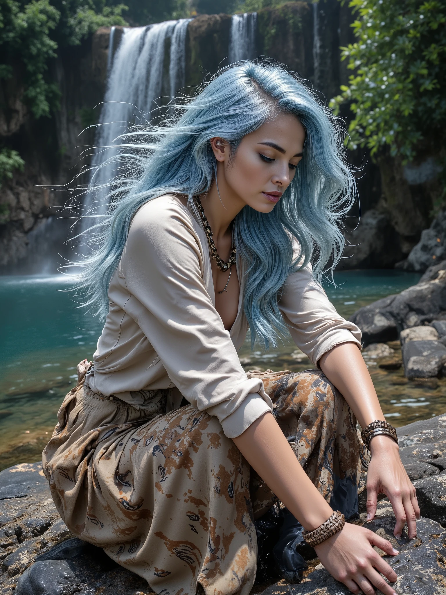 IMG_325.HEIC. A stunning woman with pale olive skin and long, hyper-realistic light blue hair, swept to the side with a voluminous effect in the middle. Full bust, slim waist, wide hips, visible body with smooth-skinned ribcage, defined muscles, toned muscles and evident abs. Sitting on the edge of a waterfall in a nature reserve, with her legs bent and hands resting on the rock, looking serenely into the water. Wearing a light beige long-sleeved blouse and long skirt in an earthy-toned print, with a beaded necklace and wooden bracelets. Hair tousled by the humid breeze, embodying the essence of Brazilian beauty. Confident, in touch with nature. The background shows the waterfall falling into a natural pool, surrounded by lush green vegetation. Professional photoshoot, tranquil setting, soft afternoon lighting, photorealistic representation, excellent quality, highly detailed, fine details IMAX, 16K rendering, sharp focus, high contrast, vivid colors