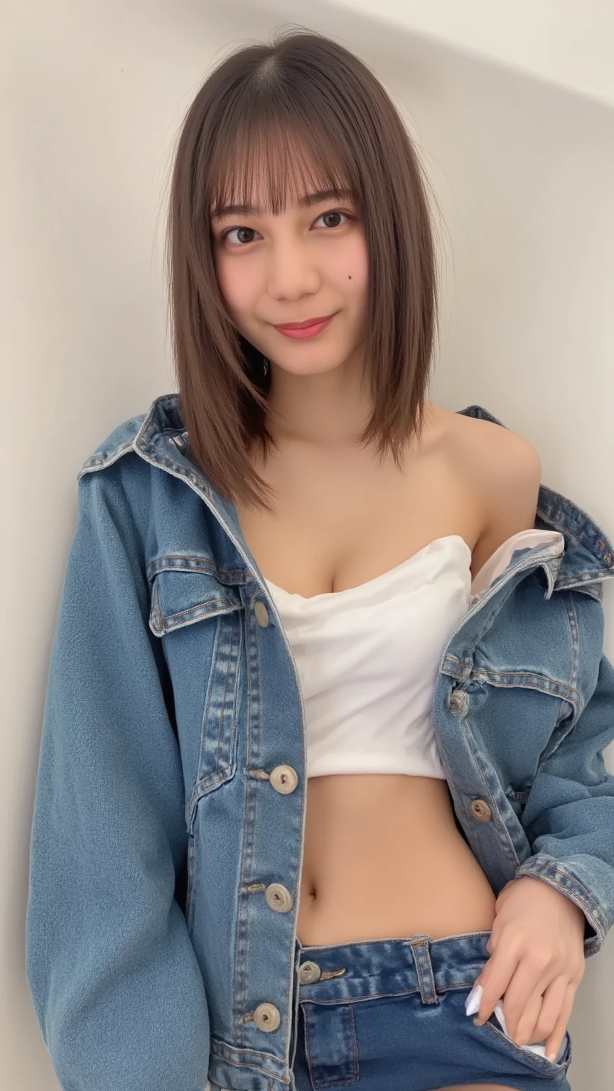1woman, idol, bob cut, brown hair, sunset, smile, take off your clothes anyway、