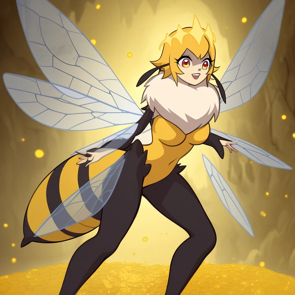 Masterpiece++++++, alone, fusion satin and insanely shiny wasp yellow exoskeleton bio insect leotard, yellow and black striped boots, wasp transparent wings, wasp antennae, honeycomb print, yellow and black striped fur, evil smile, cruel laugh, open mouth, black striped yellow hair, large breasts, dark heroine, villain, dynamic pose, battlefield background, (clear details of the scenery)++,
