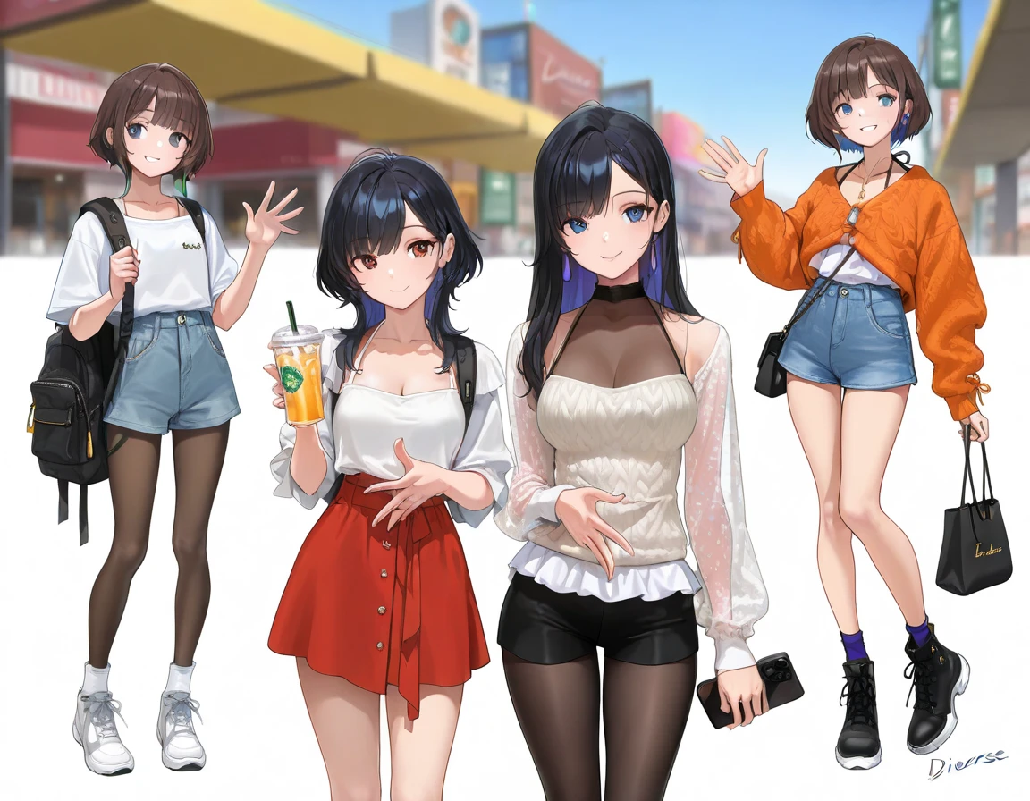 Two very cute girls、(girl、)、dark brown hair、cowboy shot、bob cut、short hair、Violet eye、brown eyes、smile、clear white skin、Navy blue tank top、navy blue blitz skirt、whole body、grassland、8K、4k、High resolution、fine-grained、girl2 people。
