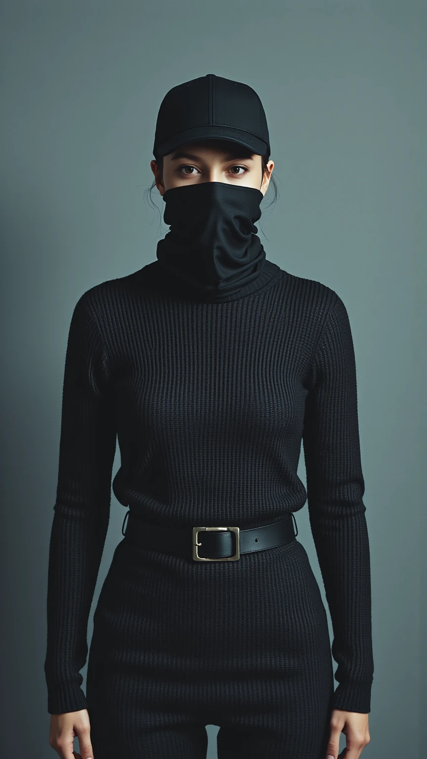 girl with open coat, black coat, black mask on her face, girl opening the coat, full body, Full naked (Beautiful 16 year old girl) beautiful and perfect face, (slender body) slim body, (dark black hair) (eyes blue) (light white skin) western face, predatory eyes, western beauty, thin nose. small breasts. shaved vagina. (Beautiful 16 year old girl)