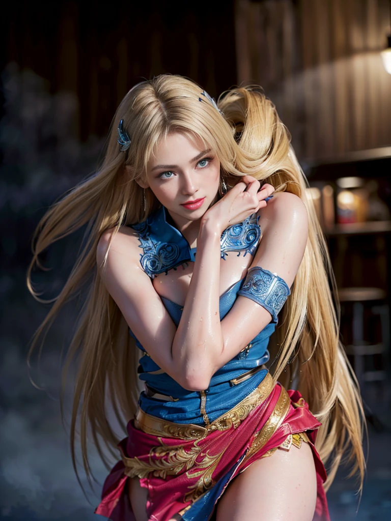 .Indian roots thin waist medium breasts and medium buttocks long yellow hair braided wavy on top of a tiger sitting sideways with a long blue dress green with pink