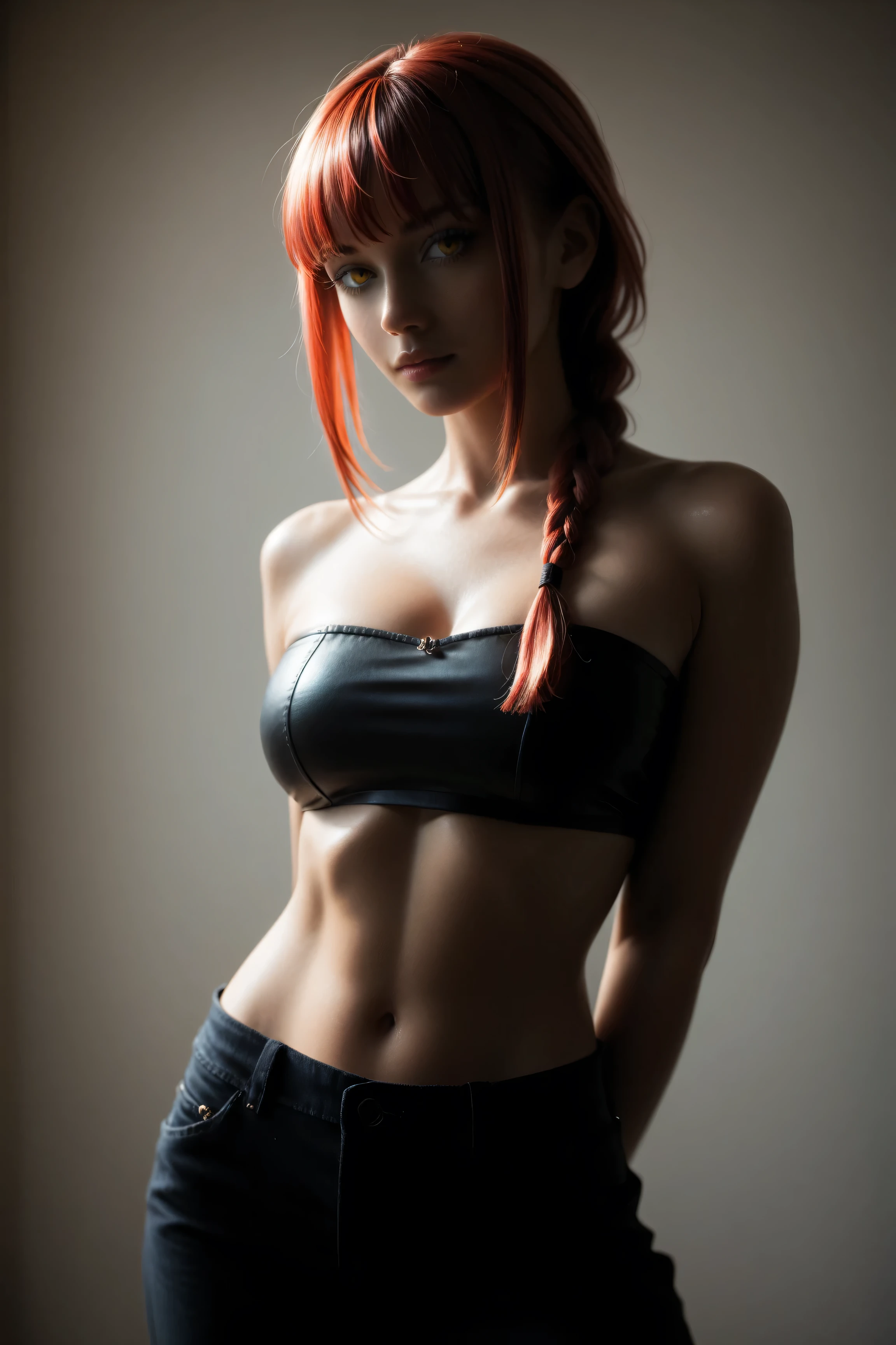 Makima from Chainsaw Man, big breasts, red hair with single braid, yellow eyes, tight tube top, panties, short shorts, arms behind back, shiny skin, underboob, cleavage,  