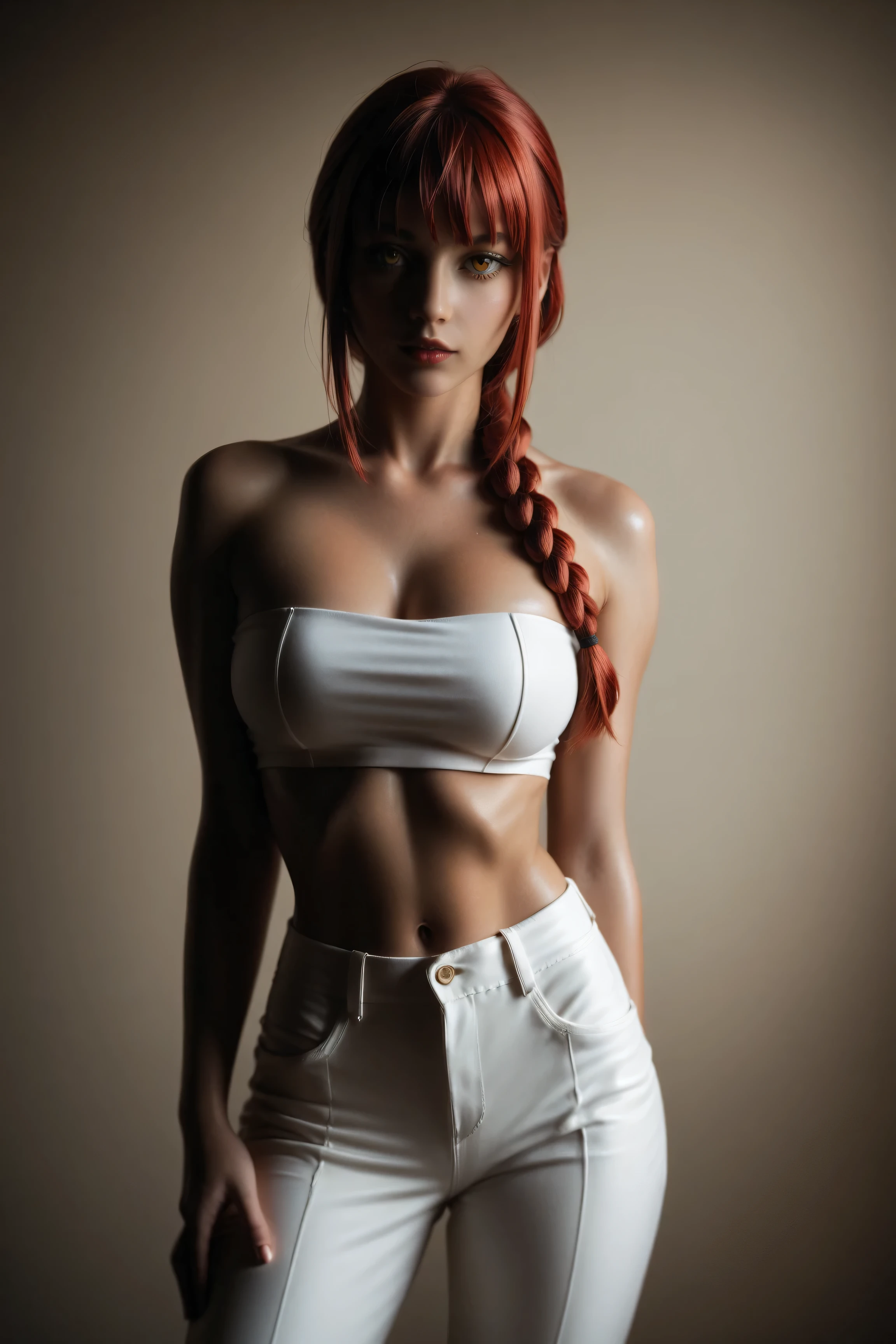 Makima from Chainsaw Man, big breasts, red hair with single braid, yellow eyes, tight tube top, panties, short shorts, arms behind back, shiny skin, underboob, cleavage,