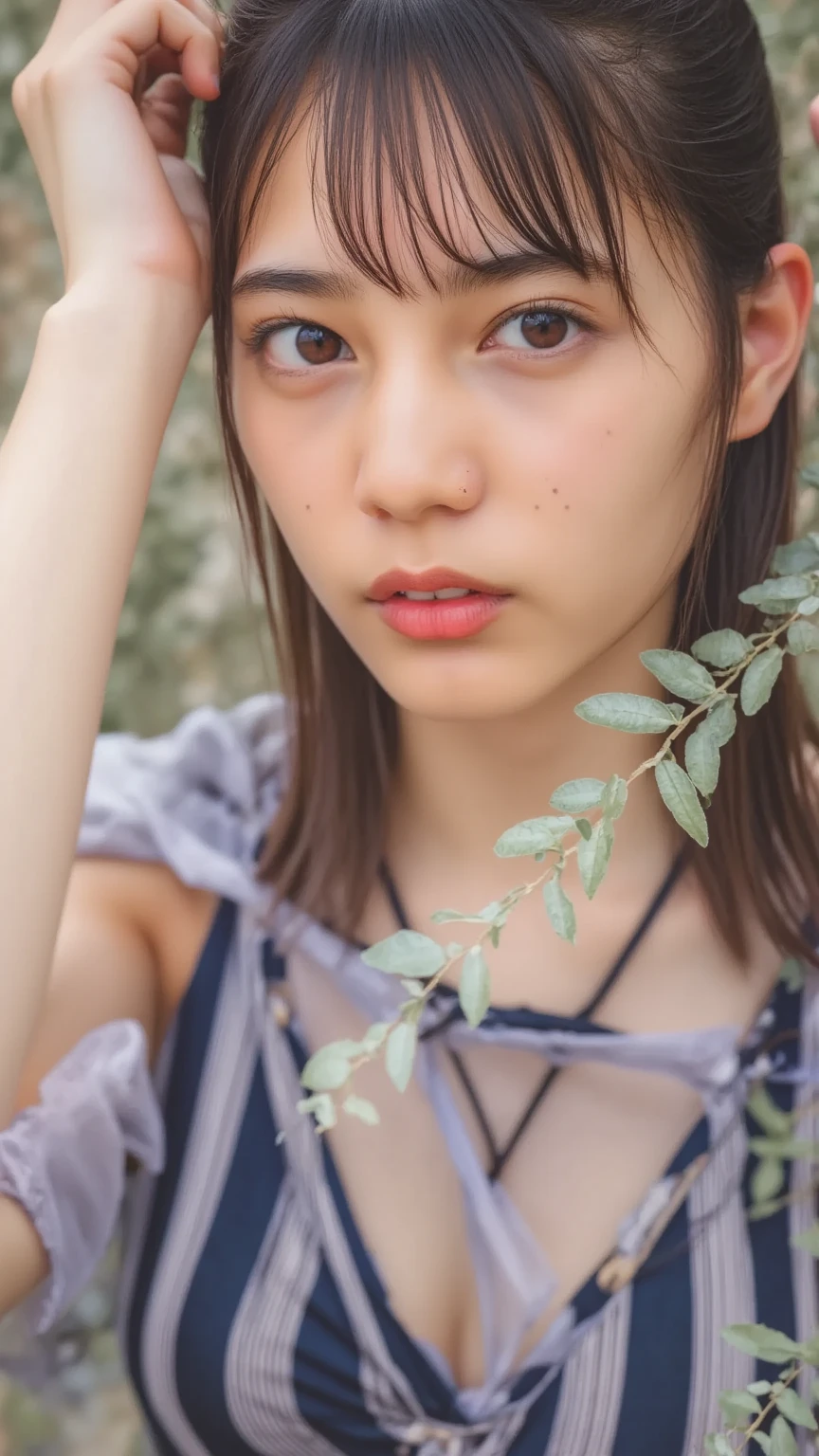 ubel,1girl, green hair, bangs, hair between eyes, side ponytail, purple eyes, black choker, collarbone, beautiful, naked with visible nipples, looking at viewer, half-closed eyes, expressionless, smile, outdoors, masterpiece, best quality,