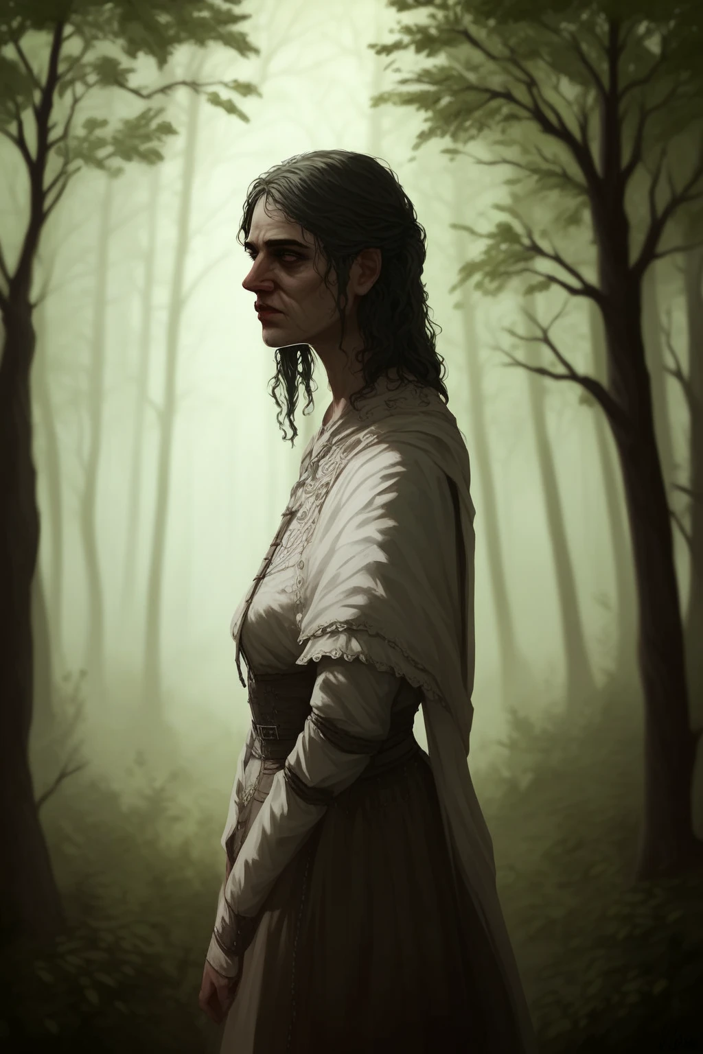 Night, tremulous forest. DND (fisherman man in old medieval clothes with viscous fish), ( medieval ),  in medieval clothes,  portrait, (very blurred background,  medieval ). 