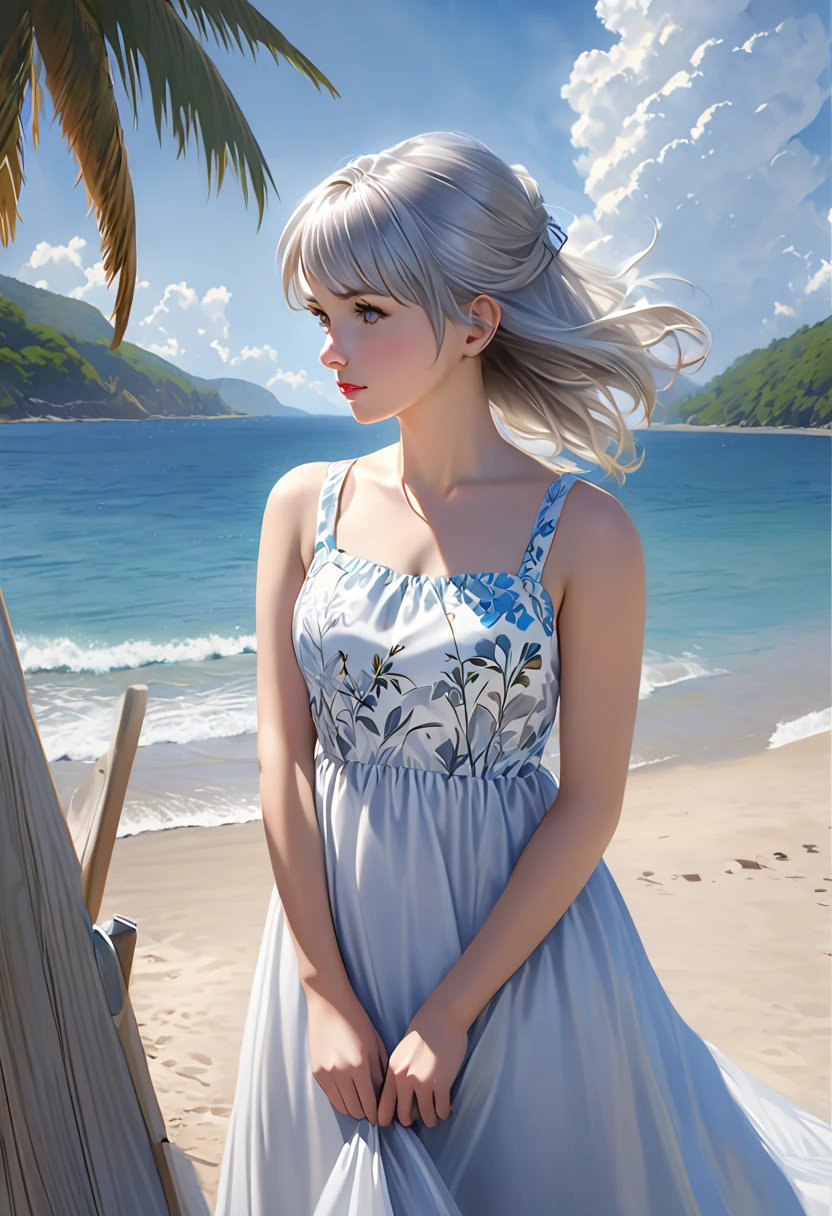 anime girl in white dress and hat on beach with boat in background, anime visual of a cute girl, (anime girl), smooth anime cg art, beautiful anime girl, makoto shinkai. digital render, makoto shinkai art style, anime moe artstyle, pretty anime girl, anime best girl, anime visual of a young woman, beautiful anime