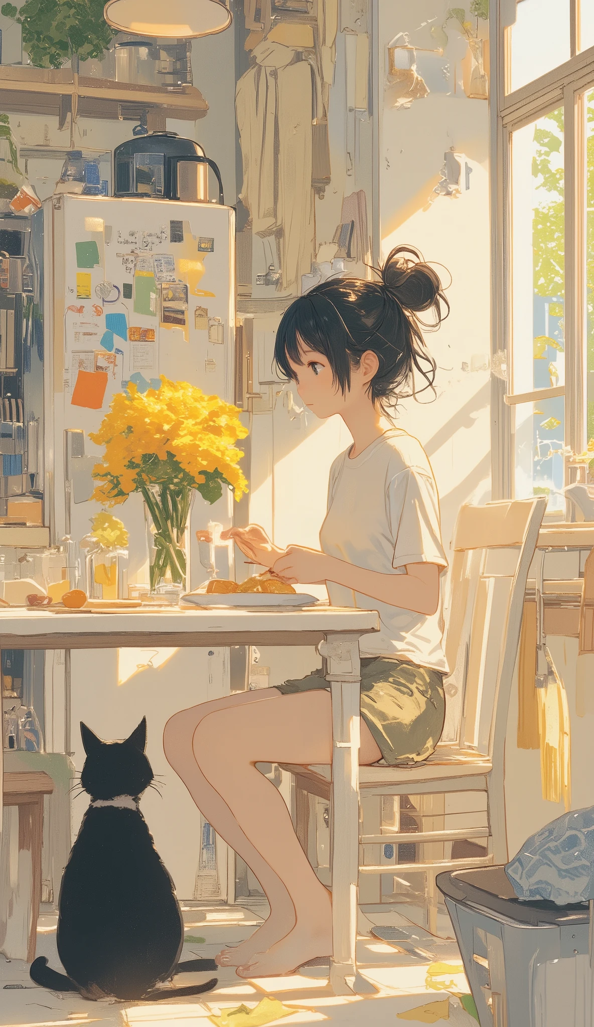  Girl eating breakfast  、 ponytail、whiteＴ  shirt、white食卓テーブル、  yellow ichirinthus in a vase on the table、  black cat sitting at table  、  well-behaved black cat  