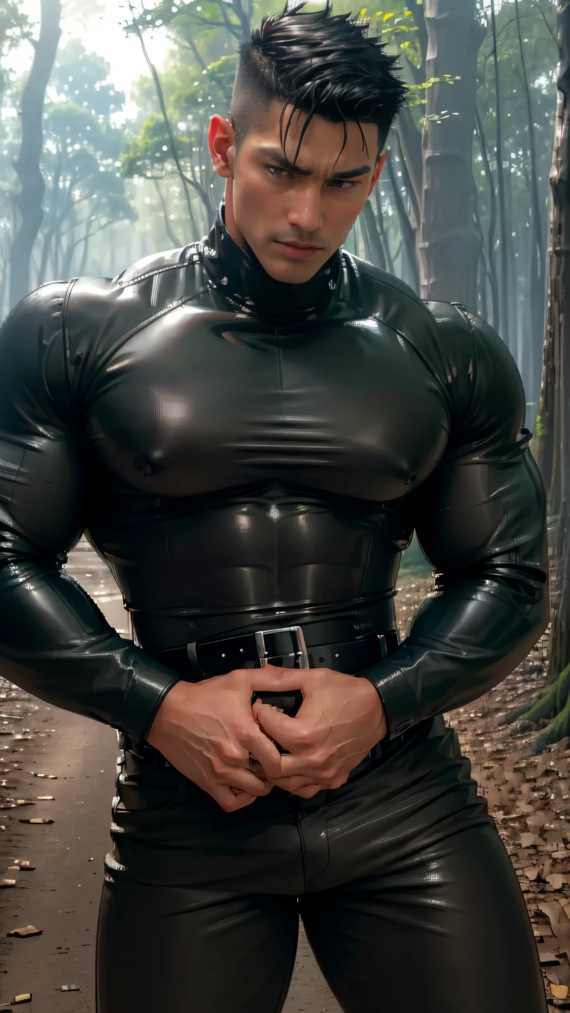 (Ultra realistic, intricate details, photorealistic, 8K HD, bright forest lightings,rich contrast), Detailed realistic, a handsome korean muscular young boy, powerful and intimidating, godly presence, young god|tarzan, ager face, beautiful, smooth dark brown short fade hair,detailed eyes, smirking, confident, huge muscles, wearing shiny tight black leather long sleeve sweatshirt,wearing tight black shiny leather pants with belt , perfect hands, (realistic skin, tanned skin), puffy nipples underneath tight leather sweatshirt, outdoors, dark magical forest, fireflies,distant camera shot,camera captures him from head to heels,he is in the centre of the image,tight abs underneath leather sweatshirt,tall 6 feet man