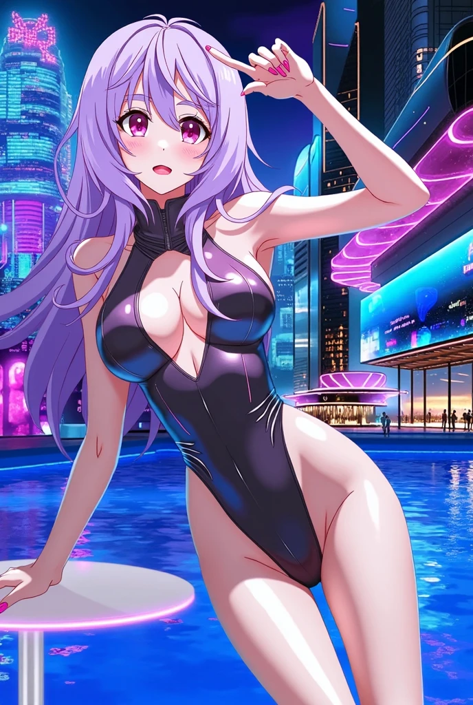 Art styles: very aesthetic, dramatic lighting, 3000K lighting, synthwave, anime, cyberpunk; BREAK character: morrigan aensland; appearance: long purple hair, long hime style hair, masterpiece purple eyes, detailed large eyes pupils, Slender hips, slim stomach, thin waist, medium teardrop-shaped breasts, slim body, soft gradient two-tone hair; BREAK clothing: beach bikini; Accessories: sparkly diamond small earrings, makeup; bg: large illuminated fountain, skyscraper roof, panoramic view, deep night city, hawaii, decorations neon lights, translucid lights, green ornamental plant, side lighting;


