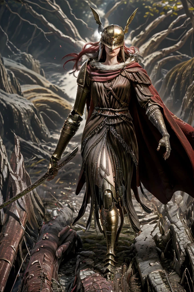 eldenring\(malenia\), (8k, RAW photo, best quality, masterpiece:1.2), (realistic, photo-realistic:1.37), very long hair, beautiful face, beautiful eyes, 1girl, beautiful face, (long red cape:1.3), solo, mecha right arm, mecha left leg, (cursed_left_arm), very long hair, red hair, red cape, dress, covered eyes, closed mouth, full body,(right hand prosthesis:1.3), (((left hand is nature))), ((prosthesis left leg:1.2)),(right leg is nature:1.1), stroll in the woods, green trees, weapon, holding blade, face to the viewer, malenia_blade, tattoo, from back
