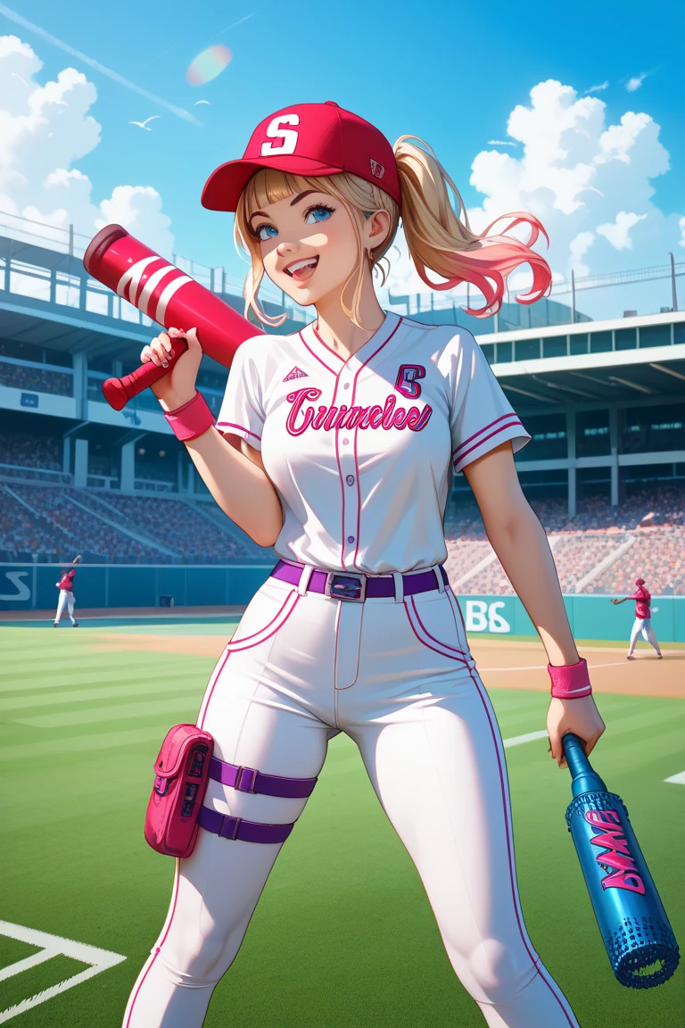 (Brea Larson, age 25, Captain Marvel, baseball cap, chewing tobacco) she is sitting in the baseball dug out spitting into a cup, crowded dugout, baseball game