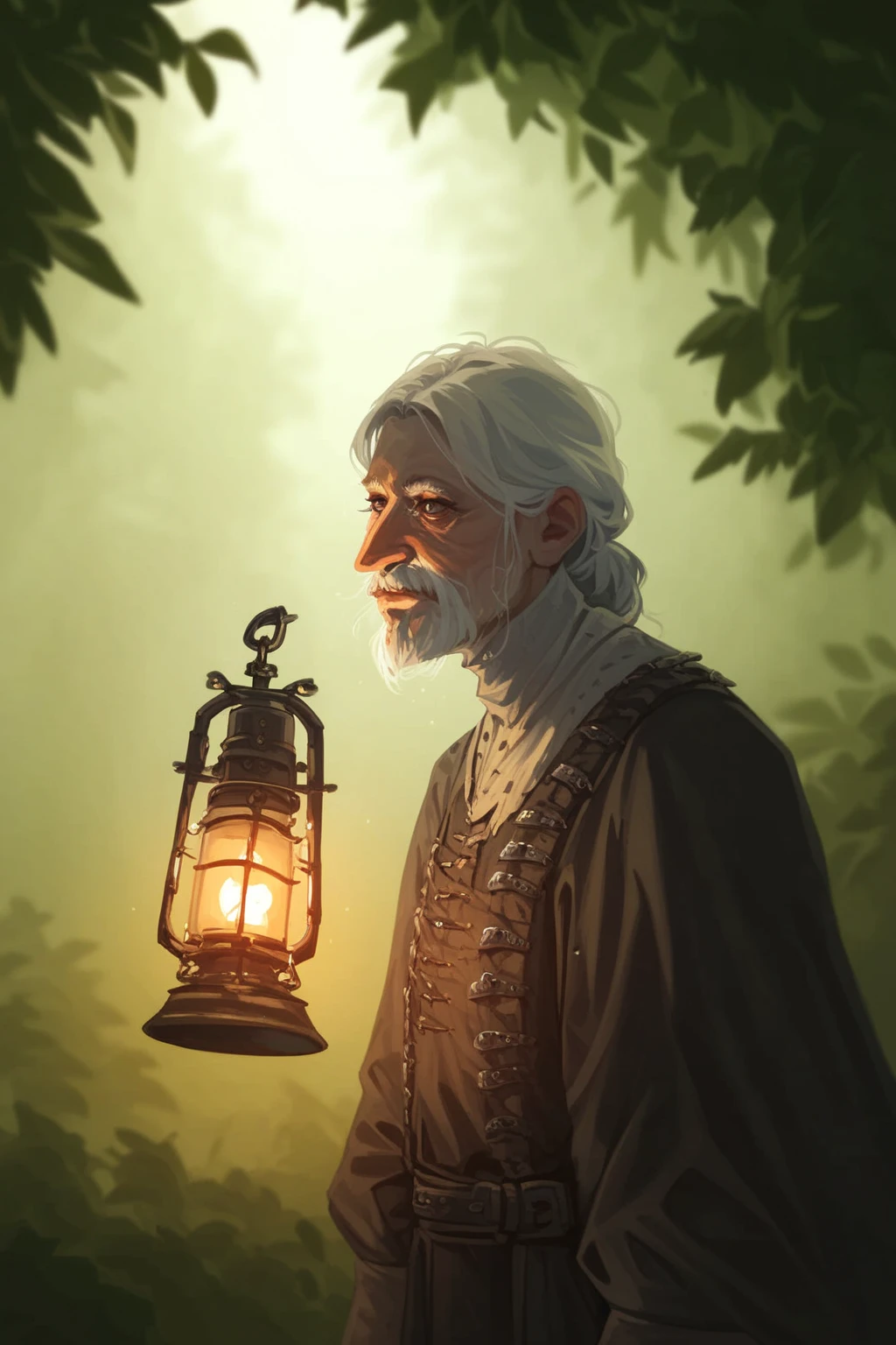 Night, tremulous forest. DND (fisherman hunter man in old medieval clothes with viscous fish), ( medieval ),  in medieval clothes,  portrait, (very blurred background,  medieval ). 