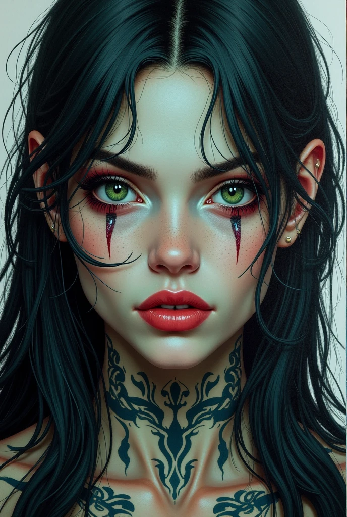 Garota extremamente linda, centrada, visual chave, intrincado, altamente detalhado, breathtaking beauty, lineart preciso, vibrante, Comprehensive cinematic, Carne Griffiths, Conrad Roset, (o retrato mais bonito do mundo:1.5), rosto detalhado, olhos verdes detalhados, detailed red lips, expression would be sensual, pele lisa detalhado, garota sexy