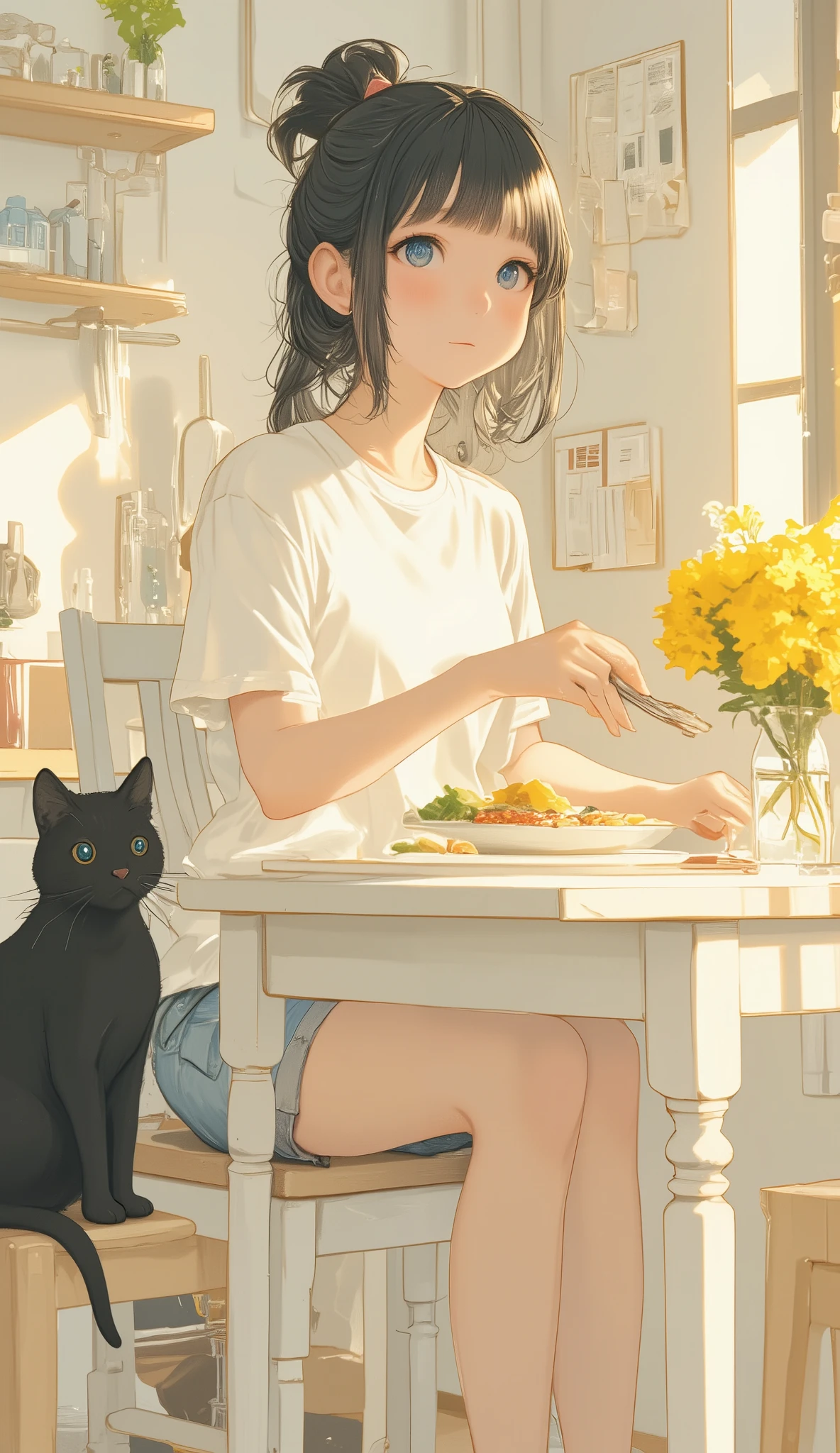 Girl eating breakfast 、 ponytail、whiteT shirt、white食卓テーブル、 yellow ichirinthus in a vase on the table、 black cat sitting at table 、 well-behaved black cat