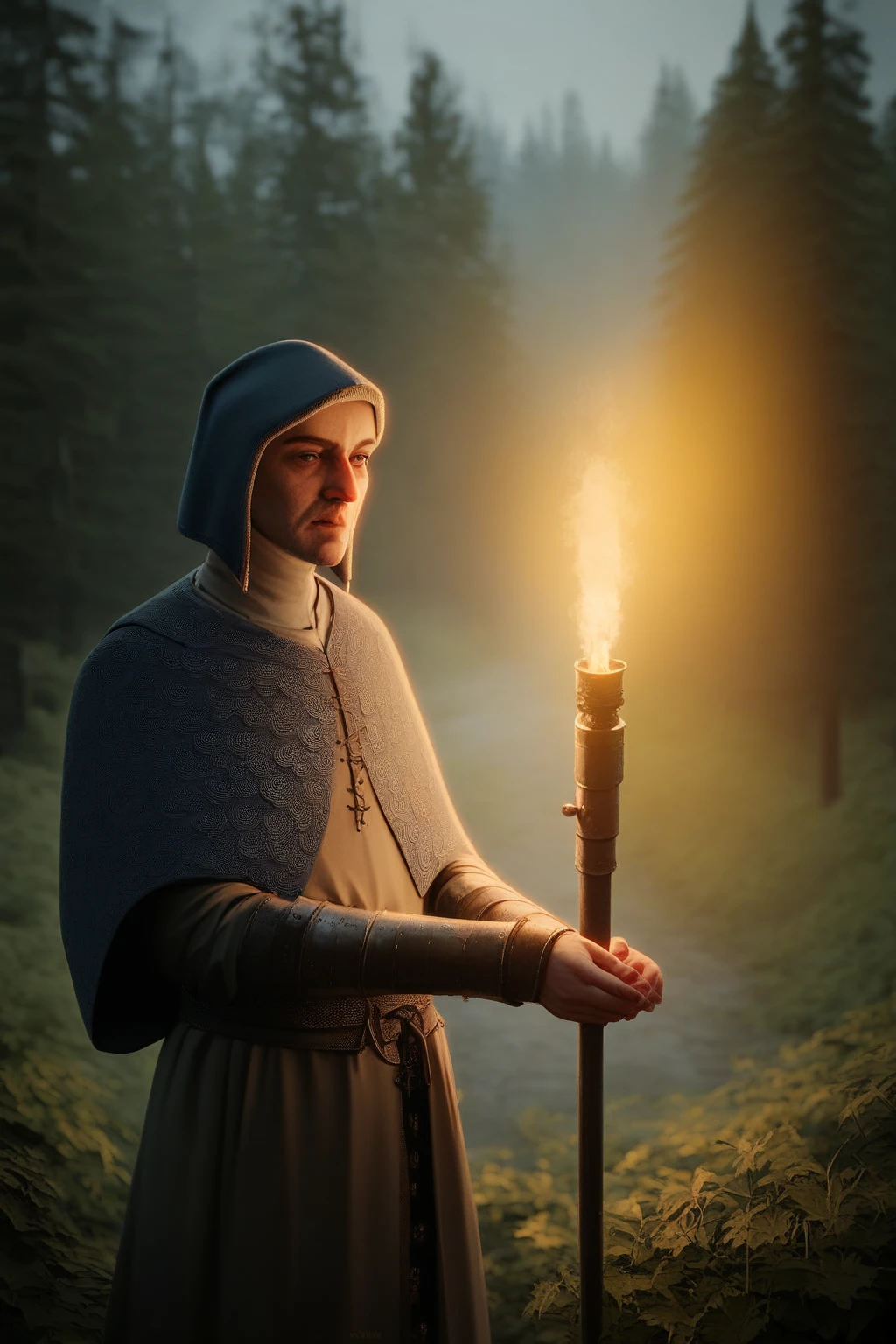 Night, tremulous forest. DND (fisherman hunter man in old medieval clothes with a torch), ( medieval ),  in medieval clothes,  portrait, (very blurred background,  medieval ). 
