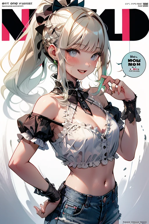 (small breasts:1.2), (perky chest:1.2), (pointed chest:1.2), (Pudding cake magazine cover:1.3),(from above:1.0),(shoot from the side:1.1),masterpiece, 1girl, Amazing Cleavage:1.1, thin waist, optimum,tmasterpiece,hight resolution,best qualtiy,hyper HD,super detailing,awardwinning,a 18yo cute girl,(The upper part of the body),anatomy correct,Beautiful Black miniskirt,garters,Gaze,Small face,bangss,holster,Beautuful Women,hands up,leg holster,Gaze,black boots,Cowboy Shot,cute face,a blond,Longhaire,Twin-tailed,Braids, Hairline,(scarlet eyes),long eyelasher,Hanging eye corners,White skin of the, ((see through camisole:1.1)), ((Sheer nipples:1.0)),Rocket Tits,(Slim body),smile,seductive weak smiling,(with sparkling eyes and a contagious smile),little open mouth, Looking at Viewer,