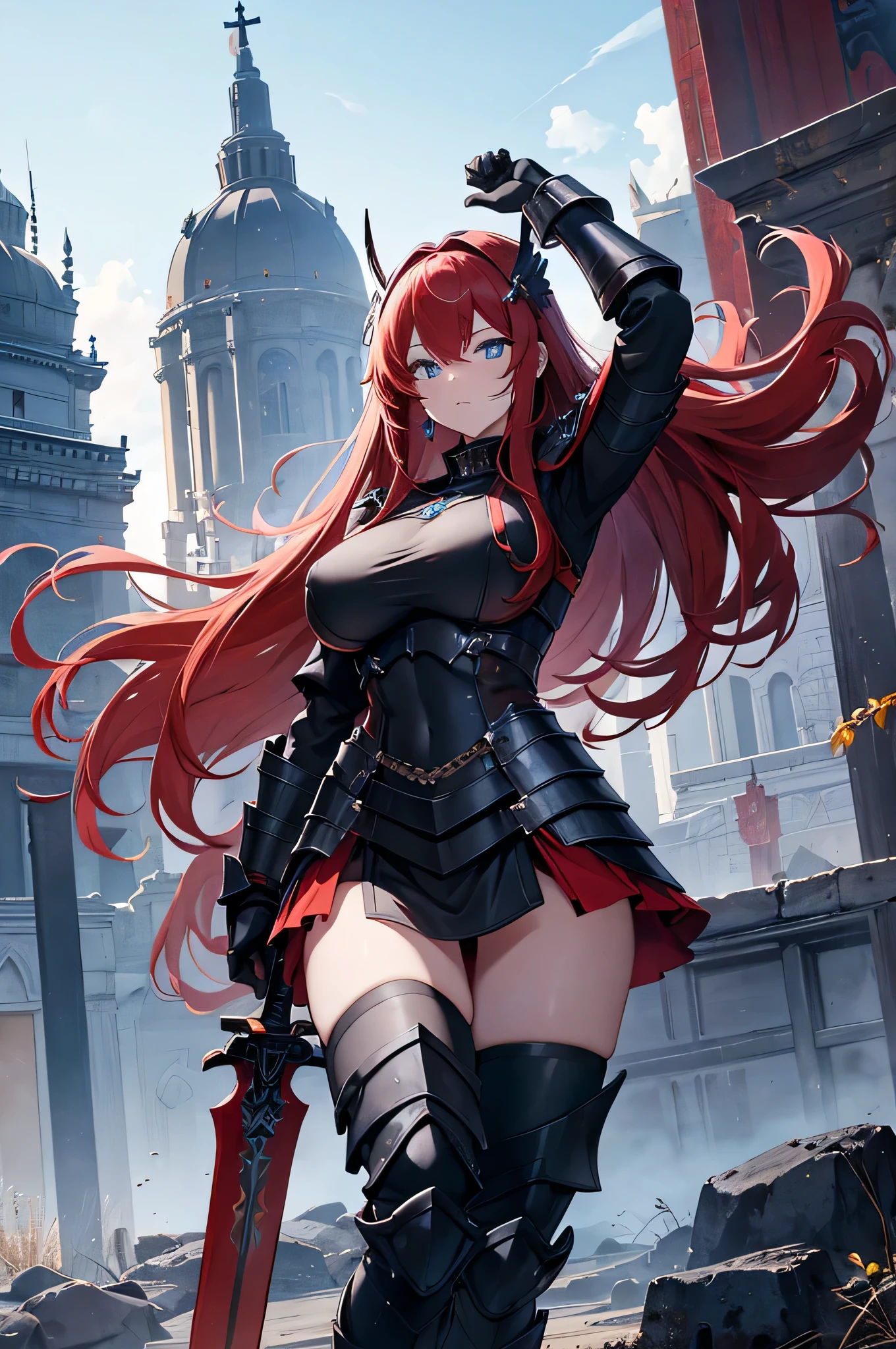 1girl, red hair, yellow eyes, corset, black skirt, black gloves, evil smile, twintails, black boots, thighs