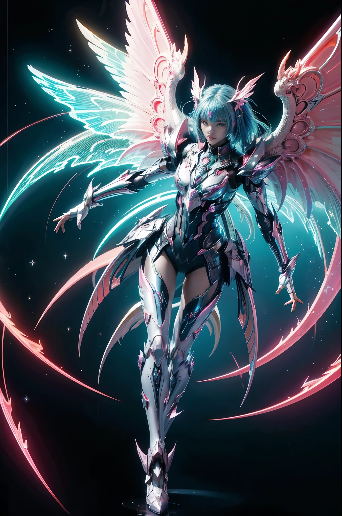(Princess Knight), hatsune miku, ((wearing armor)), Angel wings, cyberpunk, noise removal, illustration, neon lights on the, Tabletop、Exquisite design、Visual Arts、Concept Artist、Five Fingers, Perfect body, {{{masterpiece}}}, {{{Highest quality}}}, {{Very detailed}}, {shape}, {{Very delicate and beautiful}},Improved cost performance、All Roles、Canon 5D MK4でphotograph、photograph,
