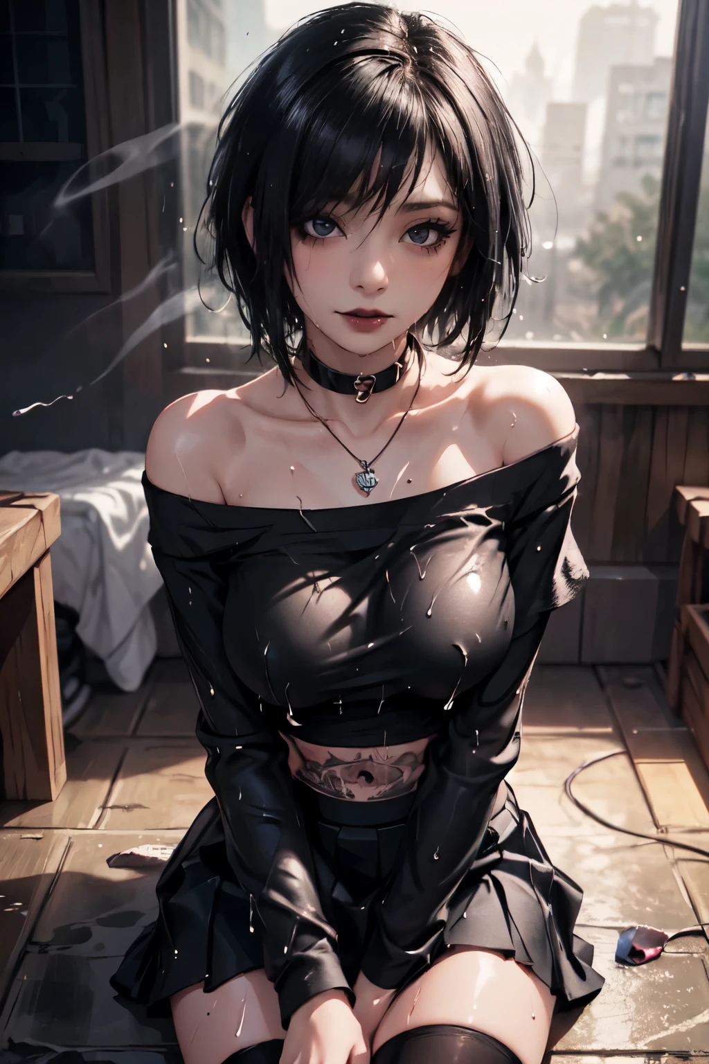 Girl, woman, emo_hairstyle, black lipstick, dog collar, necklace, eyeliner, eye shadow, smoky eyes, realistic lighting, tattoos, body writing, short hair, shiny skin, big breast, off shoulder midriff, long sleeves, short skirt, wet, sweaty, thighhighs.