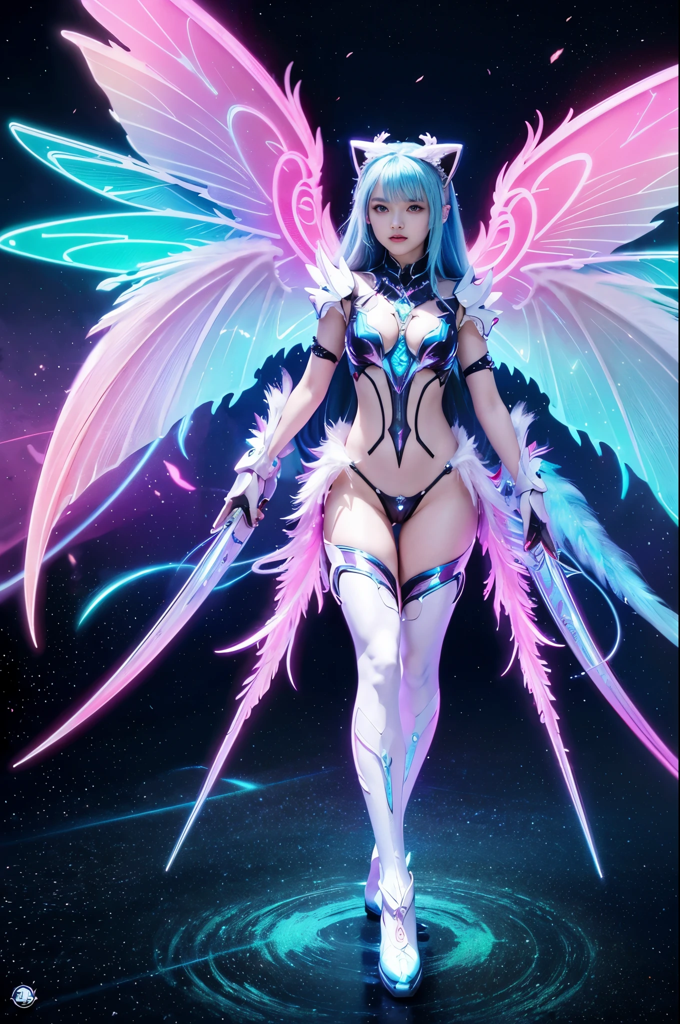 A woman, Pretty Face, White|purple, Mecha full equipment, Hundred robes,(ongoing), (Neckline), (A pair of bigger wings), transparent, High Legs, permanent, Perfect body, Muscular abdominal muscles.