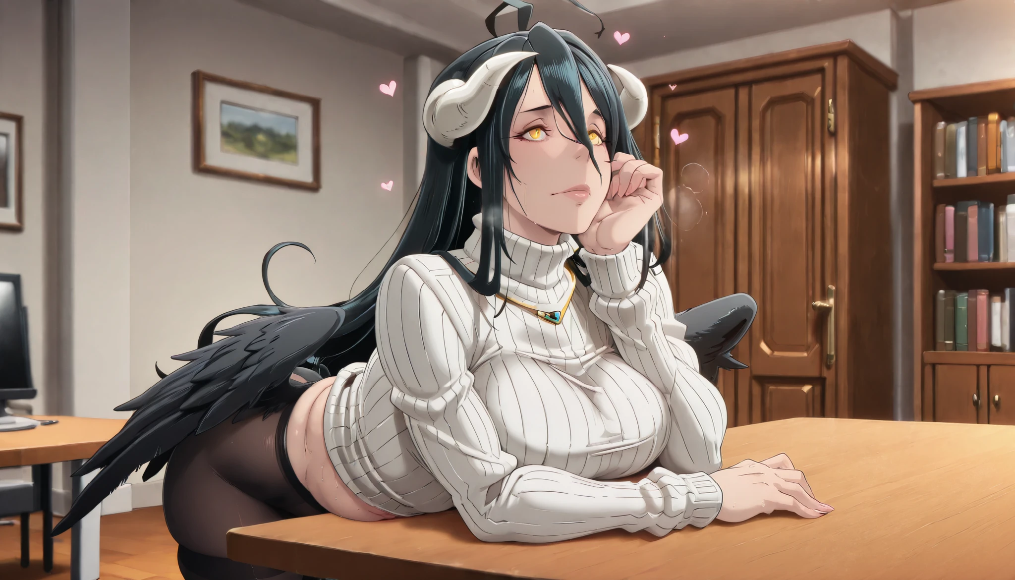 anime coloring, anime screencap, anime-style, detailed background, masterpiece, high quality, absurdres, best quality, very aesthetic, newest, dynamic composition, anatomical correct, HD, 4K, digital art, trending on ArtStation, perfect body, perfect eyes, perfect fingers, gasping, heavy breathing, excessive sweating, sweating, sweating profusely, gasping profusely, ((skindentation)), ((voluptuous)), albedo \(overlord\), black hair, low wings, long hair, demon horns, slit pupils, yellow eyes, mature female, bright pupils, (flabby stomach), plump, large breasts, hearts, pleasured, solo, blurry, 1girl, depth_of_field, earrings, blurry_background, breasts, jewelry, bookshelf, indoors, table, sweater, solo, looking_at_viewer, blurry_foreground, long_sleeves, closed_mouth, pantyhose, hand_on_own_cheek, breast_rest, ribbed_sweater, butcha-u-style