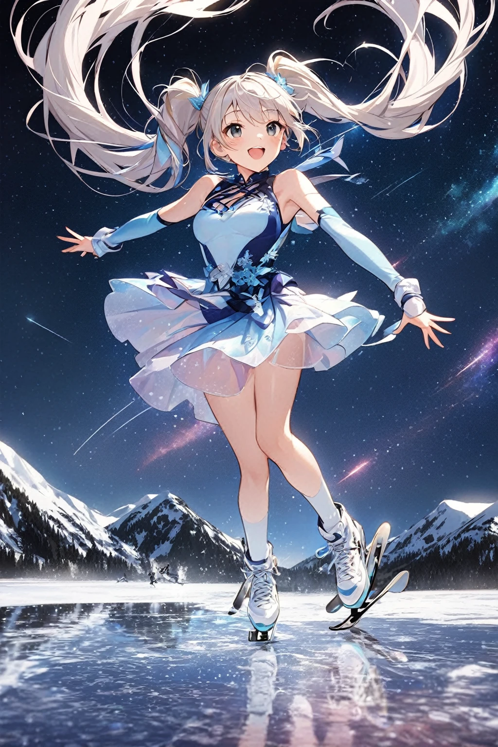 ice skater at sunset, anime girl with light blue hair and blue eyes, in a short dress and ice skates, skating on ice, abstract, colors (blue and silver), butterflies, scenic, scenery, masterpiece, best quality, cinematic lighting, reflection, ice, shade, shadows, wallpaper, very detailed, illustration