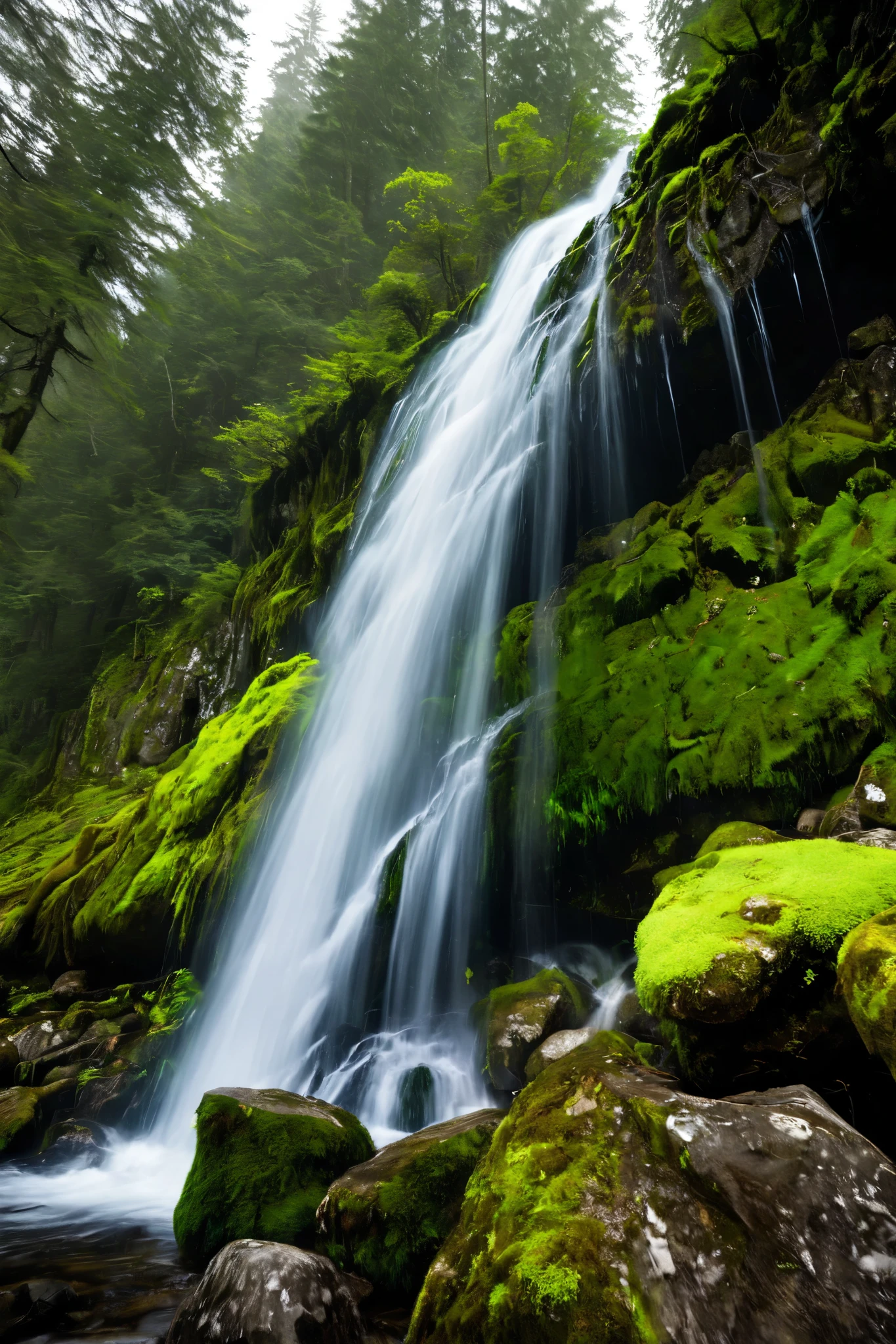Landscape Photography, photo of a majestic waterfall, crystal clear water cascading down rocks, lush green moss, mist in the air, dynamic movement of water,
wide shot, surrounded by a dense forest, overcast day with soft, diffused lighting,
slightly low angle, wide-angle lens, in style of Ansel Adams