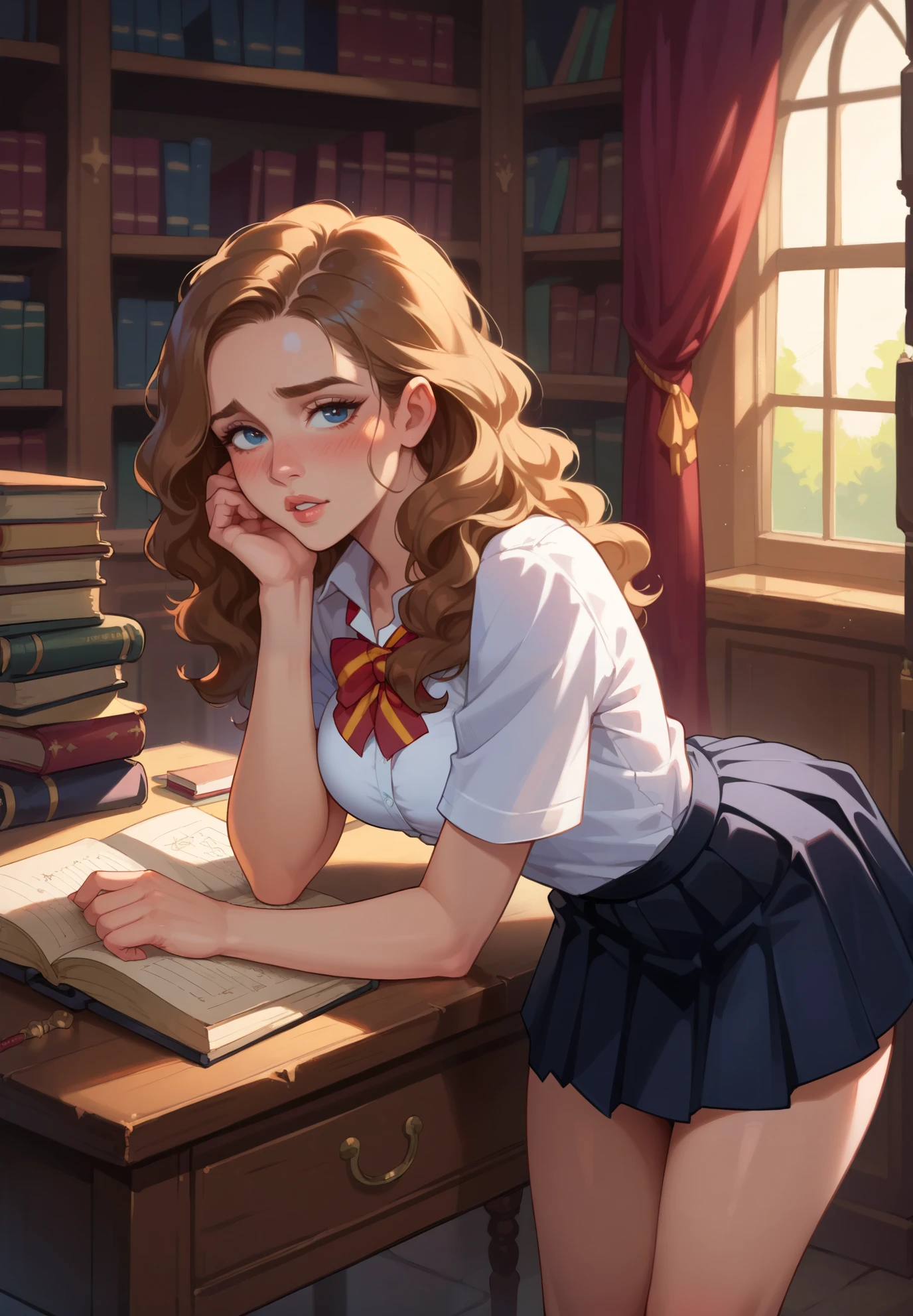 1girl, solo, Hermione Granger, Harry Potter, shy, hogwarts school uniform, parted lips, blush, skirt, bent over a desk, sexy pose, alluring , from behind, BREAK, magical study filled with bookshelves, (night time:1.2), cinematic lighting, nsfw,