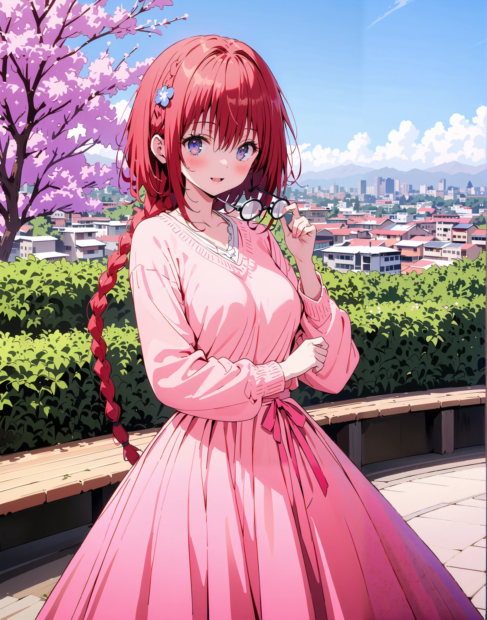 Kurosaki's thing , Alone,stupid hair, Blue Eyes, knitting glasses, hair intake, sngle braid,HAIR ACCESSORY, red hair, hair knitting glasses, smile,blush,open your mouth,Medium breast, oversized v neck sweater long sleeve,long skirt, Bbo~, bench,Beautiful cityscape,cherry blossoms,standing,full bodyがイラストに入るように,
break outdoors,garden,
break looking at viewer,full body,
break (masterpiece:1.2),Best Quality , kampala, Unity 8K Wallpaper ,(shape:0.8),( fine, beautiful eyes :1.6),It's a person ,full body写真,CG Details , (perfect hands, complete anatomy),