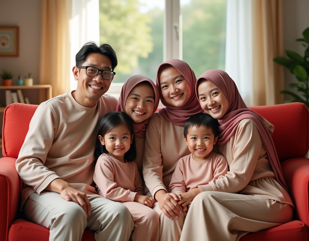 Portrait of indonesian family, one mom with long black hair, two hijab daughters, two teen sons, realistic photograpy, sit on sofa in the decorative indoor studio, cinematic, hyper realistic, super detail, HD 8K.