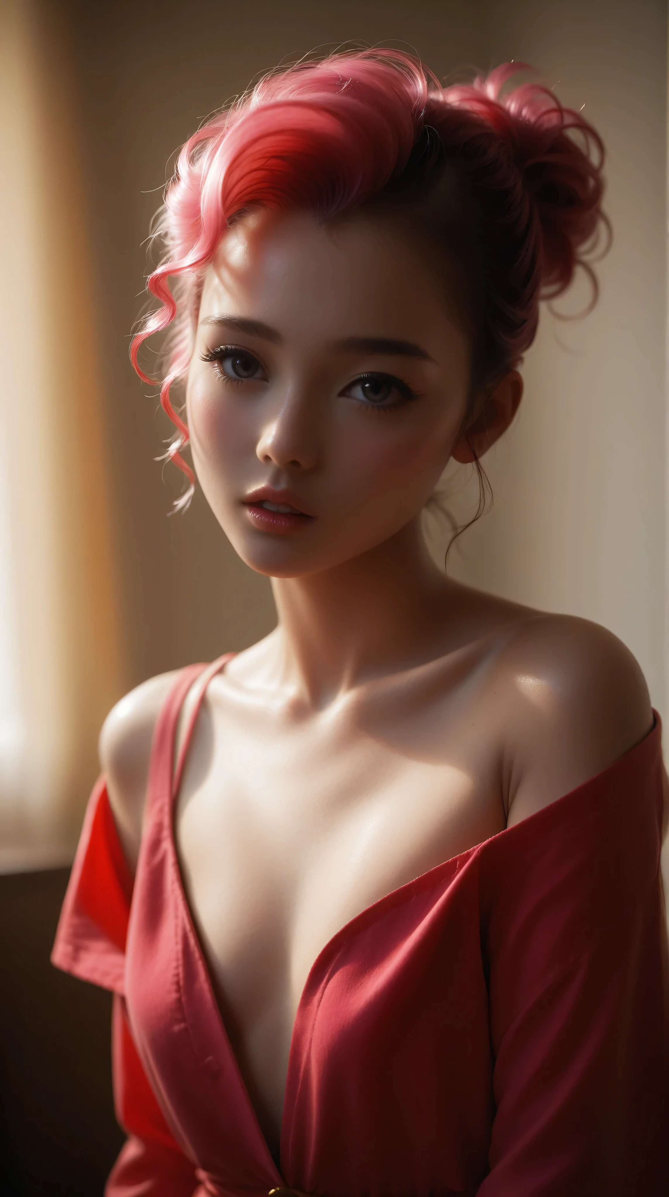 portrait, young asian girl, short bob hairstyle, heavy blushing, parted lips, off the shoulder, plunging neckline, Vitreous luster,((clean backdrop)),(((golds))),((pinks)), Best quality at best,shiny skin, looking at viewer,