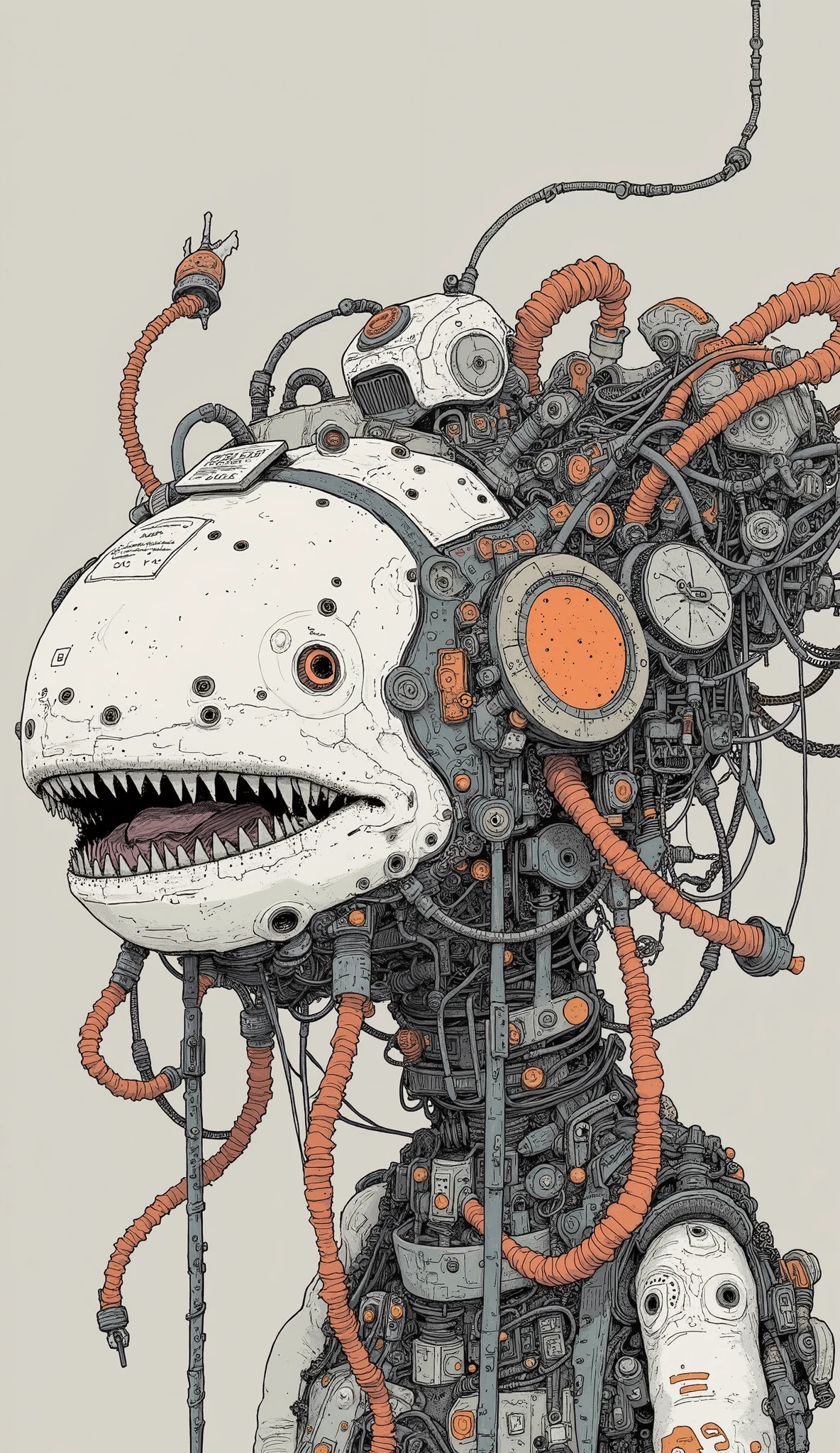 (((masterpiece))), ((best quality)), ((ultra-detailed)), (CG illustration), (an extremely devious and beautiful)), (cute desktop face), cinematic light, ((1 mechanical girl)), single, full, (machine-made joints). : 1.4), ((mechanical limb)), (blood vessel attached to tube), ((mechanical spine attached to back)), ((mechanical cervical vertebrae attached to neck), ((war machine)), expressionless, (wires and cables attached to head and body: 1.5), (character focus), science fiction