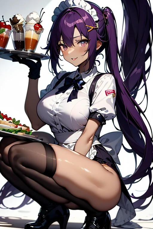 A semi-human bartender half human orca and cat (killer whale tail and cat ears), long purple hair tied in a ponytail, with a curvy figure, the woman smoking, with a serious face and tall body, red eyes, the woman is in a bar with alcoholic drinks in the background, with a knife in his hand that does not hold the cigarette