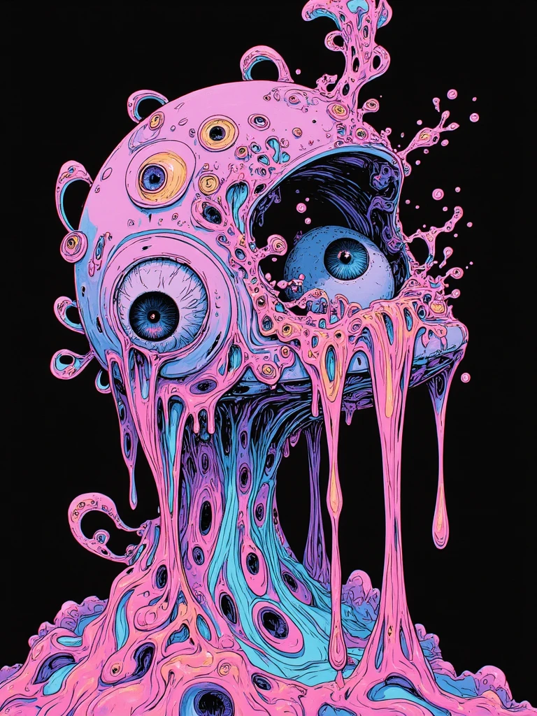 Plesios with vivid-blue white-gray and purple-pink color palette with background in nightmare fuel art style