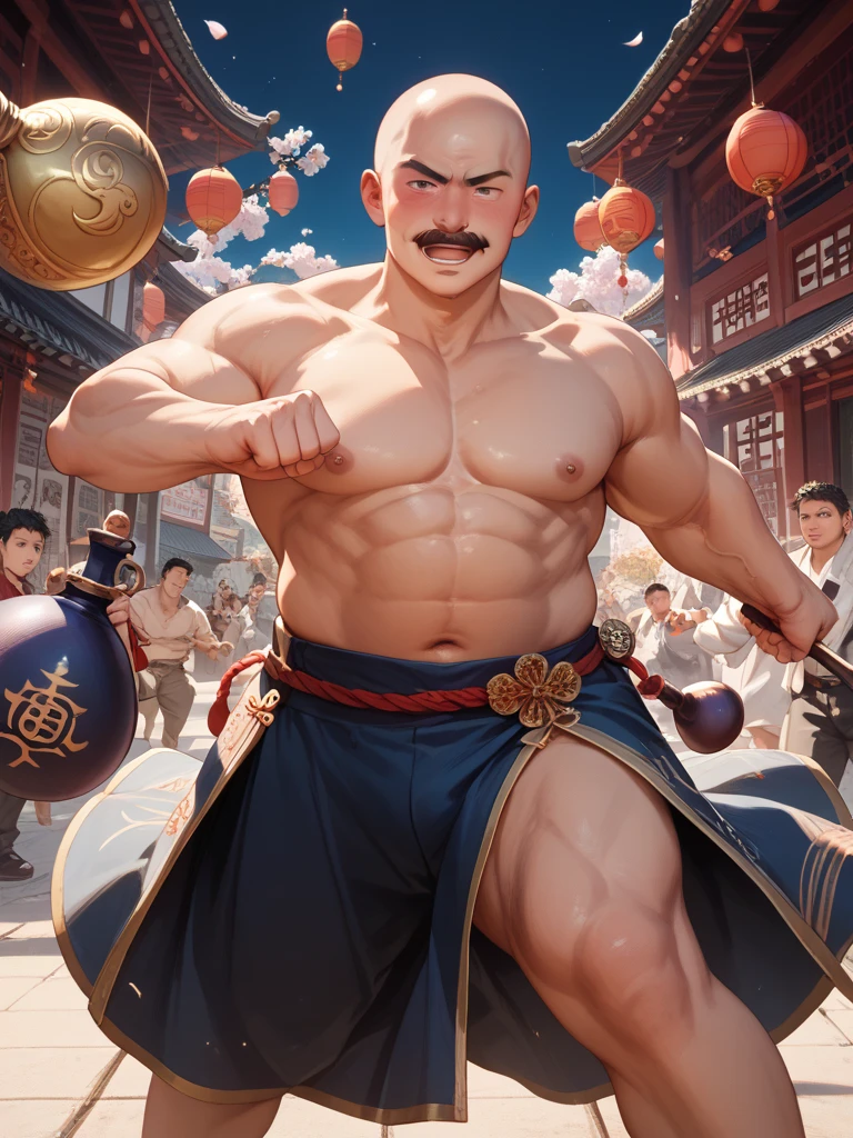 looking at viewer, Amidst the Chinese New Year festivities of the Dragon, a (handsome young man:1.1)( dons traditional attire:1.5). His clothing reveals chiseled muscles and tattoos, with a red shirt featuring golden dragon embroidery and snug, red trousers adorned with fireworks motifs. Completing the look are golden shoes.
he stands against a backdrop of gleaming red and gold lanterns on a stage filled with music and firecrackers. The man's tattoos, depicting dragons and Chinese symbols, underscore his cultural connection. With a radiant smile, he extends blessings for the year ahead, encapsulating the spirit of joy and community celebration. His masculine, youthful, and tender features exude warmth and charm, adding to the festive atmosphere of the occasion,
<lora:GoodHands-beta2:0.8>, dynamic pose,
<lora:Nijimale-Glimmer:0.8> nijimale, mature male, bara, male focus, muscular male, muscular, masterpiece, 4k, high quality, highres, absurdres,