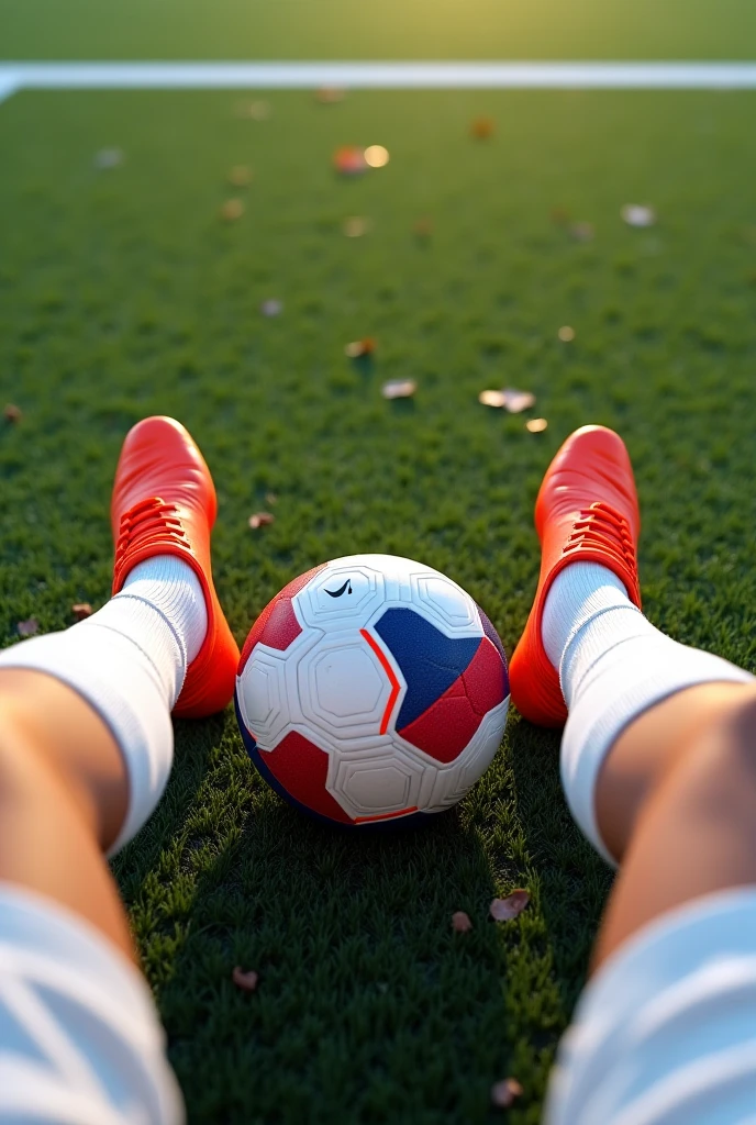 "A first-person POV cinematic animation of a football player sitting on the field, just before the game begins. The scene starts with a subtle camera shake, mimicking the natural movement of breathing. The player’s legs stretch out in front, clad in white socks and cleats with striking orange accents. A Nike football rests between them on the artificial turf, its red and blue markings standing out. The texture of the field is detailed, with scattered leaves and small debris adding realism. The ambient sound includes distant chatter, the muffled thud of a ball being kicked, and the occasional rustling of the wind. The camera slightly tilts up, revealing the field stretching into the distance, the white sideline marking the boundary between anticipation and action."