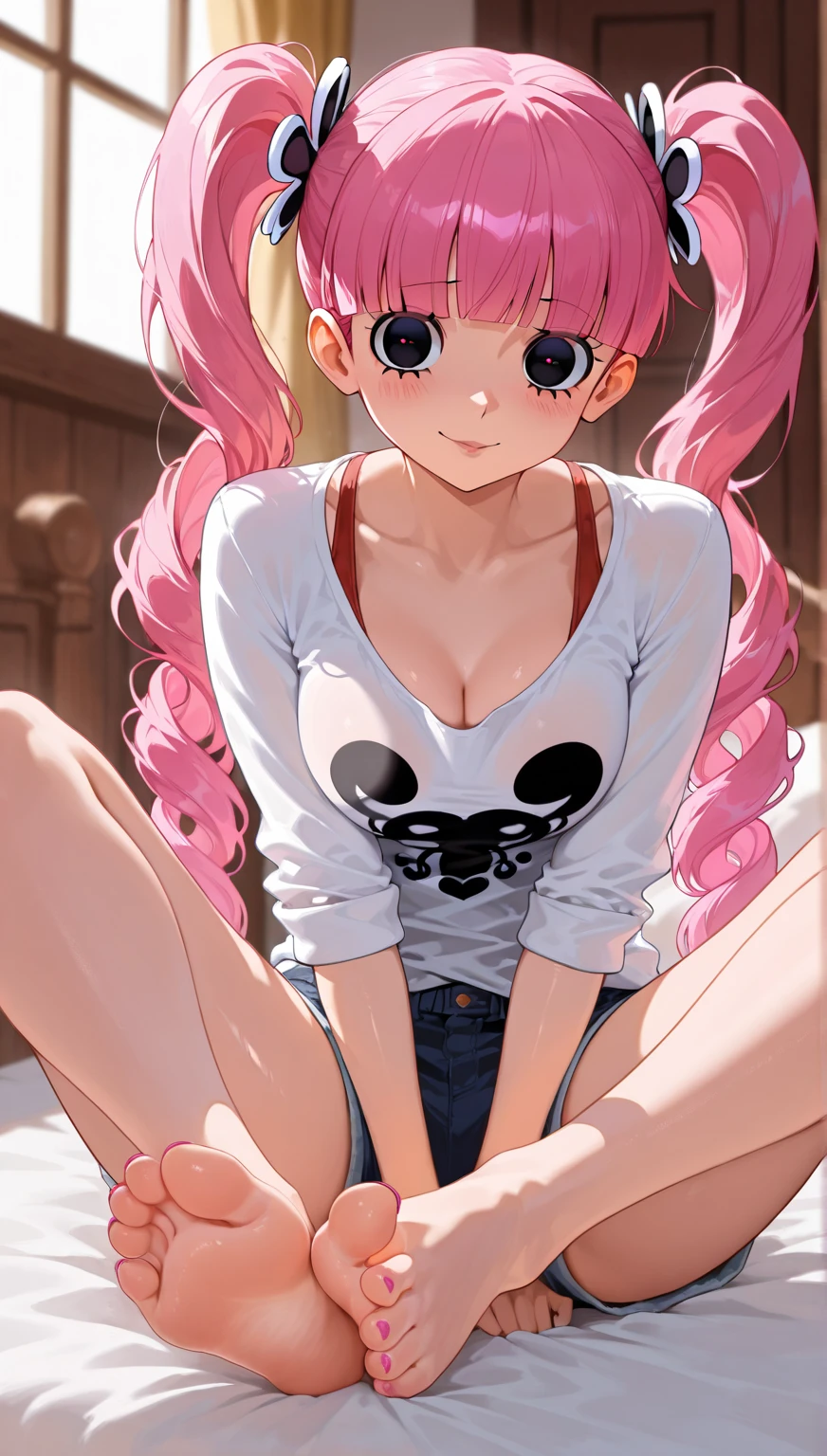nsfw,1 person,Sweat,White Breath,solo,ONE PIECE,Perona,(Cleavage voyeur),sit,room,Naughty expression,(Sheer T-shirt)