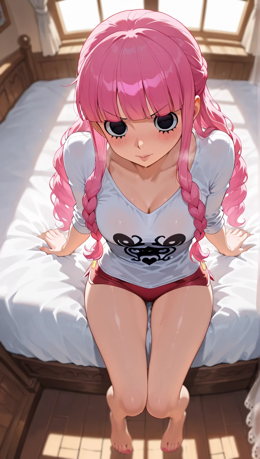 nsfw,1 person,Sweat,White Breath,solo,ONE PIECE,Perona-chan,(Cleavage voyeur),sit,room,On all fours,Naughty expression,Sheer T-shirt