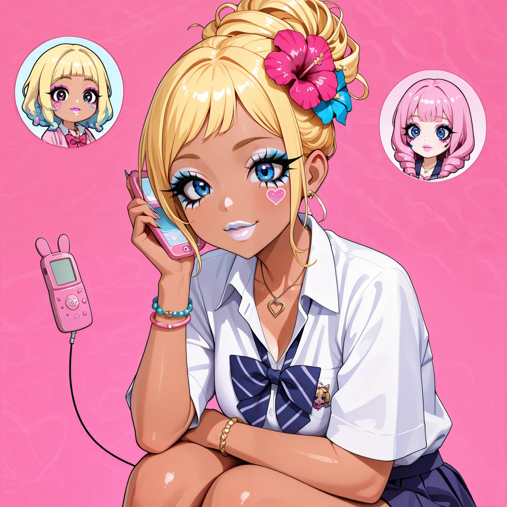 a girl, a girl. She has tanned, fashionable skin. She has a bright gyaru makeup: white lipstick, blue eye shadow, long eyelashes and double eyeliner. She has a heart-shaped sticker on her cheek. She has beryuz eyes with purple contact lenses. She has bleached yellow hair, curled into a multitude of curls and arranged in a bun hairstyle. She has pink and blue hibiscus flowers in her hair. She is wearing a school uniform and a bikini with a tropical print. She has a long manicure and a lot of accessories: rings, bracelets, pendants and a necklace. She has a tamagotchi keychain and a pink pocket phone.