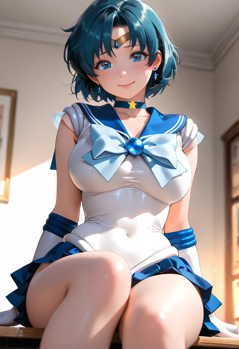 NSFW　(highest quality:1.5, High resolution, 超High resolution, 4K, Detailed lighting, Shaders)(masterpiece:1.2){{Sailor Mercury}}１４Year　so beautiful,　Super Slender　((Very small breasts)) highest quality, Realistic, Complex, Overall Details　Blue Hair, Magical girl, Blue eyes, Blue Skirt, Cute white panties白い肘までの長さの手袋, tiara, Pleated skirt ,Blue long boots　Light Blue Sailor Necklace, mini skirt, choker, blue choker, White gloves　Cute white panties　((Wet)) Bedroom　On the bed　{{{{topless}}}}++ Completely naked　My clothes get torn　Take off　