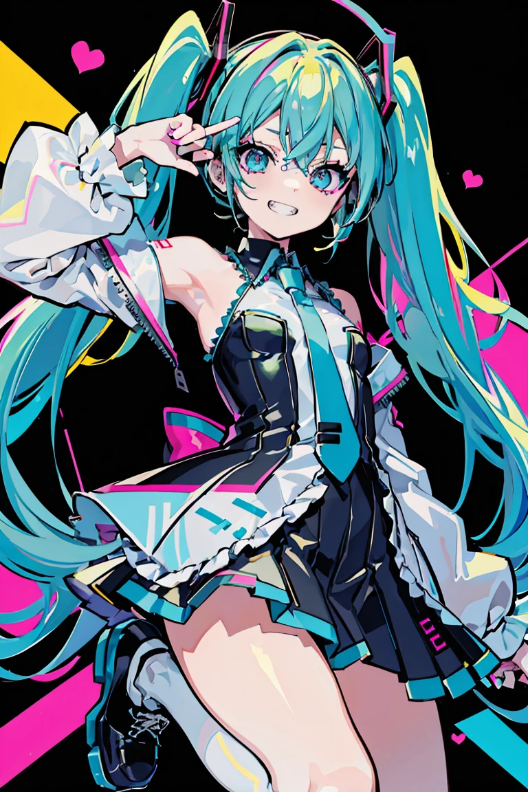 Highly detailed and realistic CG, Colorful, Masterpiece, Best Quality, magnificent, jewel-like eyes, 1girl, solo, , , cute girl, Hatsune Miku, wavy hair, gothic , black clothes, smile, standing, hand on hair, gothic ribbon, ribbon tie, classroom, small breasts, open mouth, fangs, miniskirt, gothic boots, from front, dutch angle,