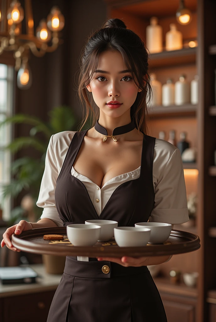 (masterpiece:1.2), (best quality:1.2), caffs, coffeeカップ, coffee, dark wizard girl, big breasts, neckline,.hat, facing forward, Smile, 