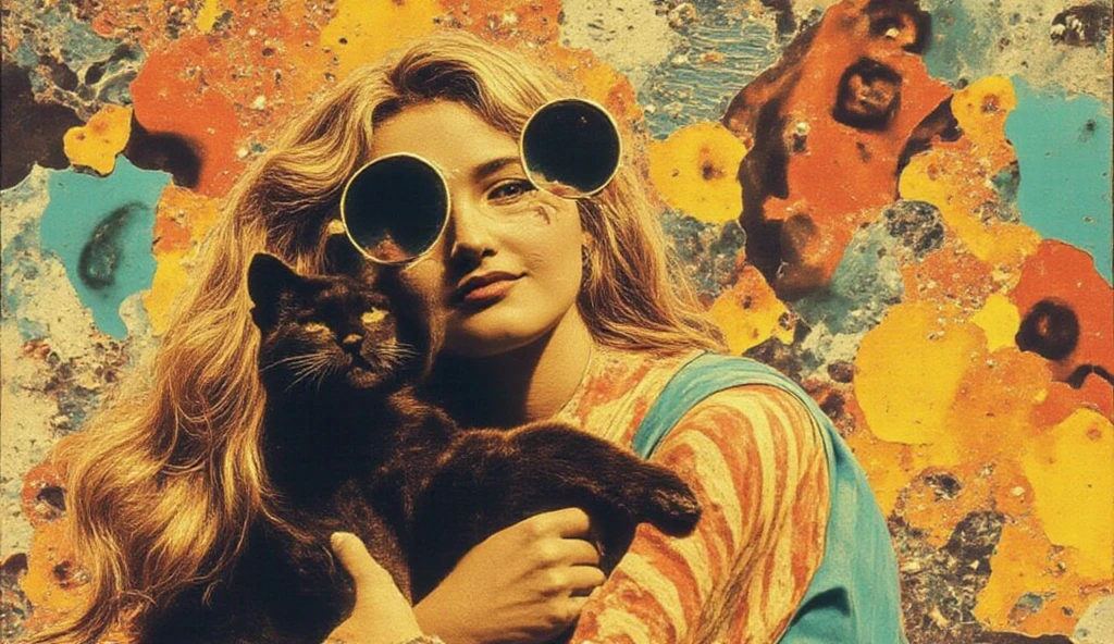 an illustration of a woman hugging a black cat with bright ambar eyes in a psychedelic 70s environment, in the style of Peter Max, surrounded by bold abstract patterns and geometric shapes in amber and teal colors, woman with long wavy hair and oversized round sunglasses wearing a vibrant striped top in teal and amber color palette, expressive happy face, strong graphic outlines, groovy vintage atmosphere --v 5 --stylize 1000