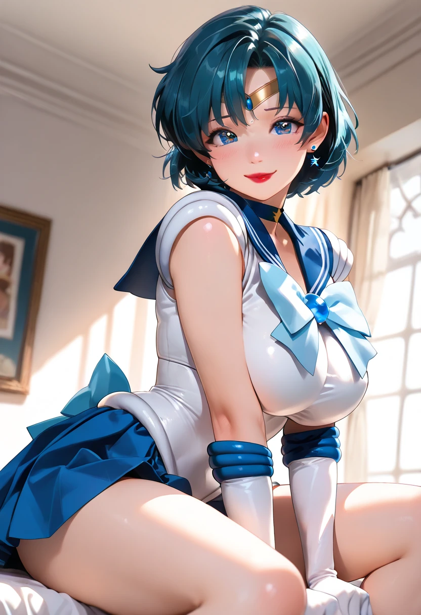 masterpiece, Highest quality, High resolution, Realistic, Show more1, tiara, Sailor Warrior Uniforms, Blue Skirt, Blue sailor collar, tiara, bow, Knee Boots, choker, White gloves, ((blue choker)), elbow gloves, jewelry, Earrings, Pleated skirt, Deep blue hair, At the bed, Angle from below, ((Spreading pussy:1.3)), Showing nipples