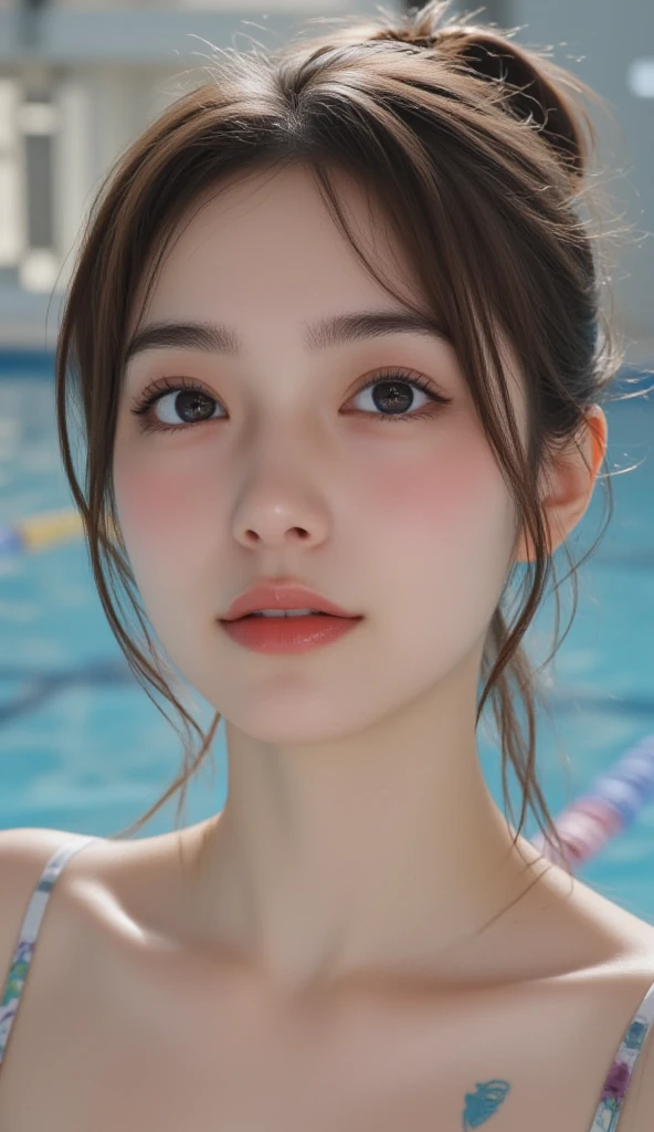 (1woman), kawaii, (round eyes:1.2), (highly detailed face and eyes),  Amazing face and eyes, bikini, (Best Quality:1.4), (Ultra-detailed), (extremely detailed CG unified 8k wallpaper), Highly detailed, High-definition raw color photos, Professional Photography, Realistic portrait, summer, (pool), (fine face:1.2),