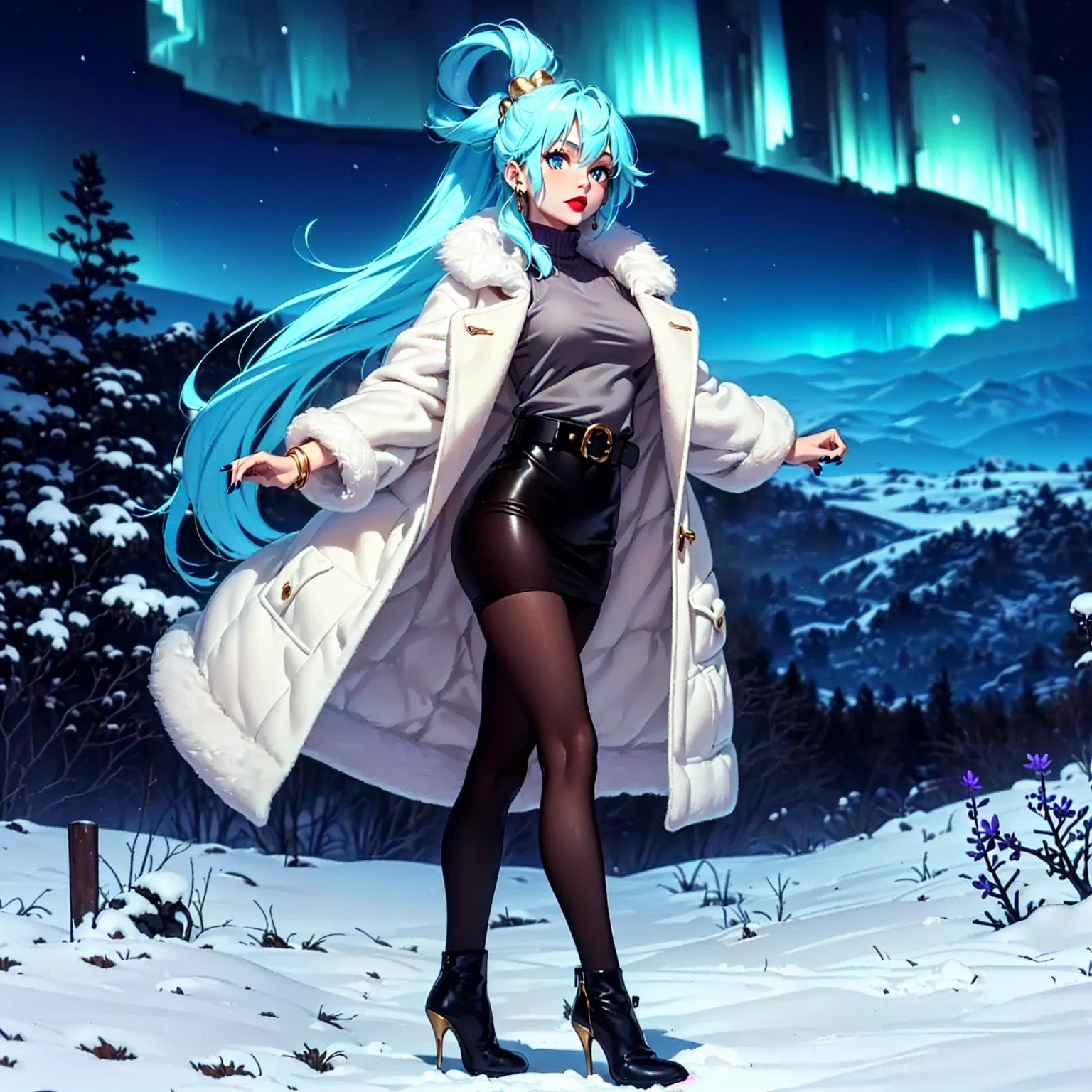 ((1girl, solo ,alone, (aqua, Aqua, aaaqua, long hair, blue hair, hair rings, hair ornament, blue eyes, blue hair, ponytail, painted nails), gold bracelets, ruby earrings)), ((solo, 1woman, pink lipstick, Extremely detailed, ambient soft lighting, 4k, perfect eyes, a perfect face, perfect lighting, a 1girl)), austere, ((fitness,, shapely body, athletic body, toned body)), ((fitness,, shapely body, athletic body, toned body)), ((warm clothes, overcoat, fur coat, gray sweater, leather skirt, tights, pantyhose, high heel boots, mountainous environment, snow, aurora borealis, night, forest, tundra forest, xuer white fur coat, red lining, smug, belt, red lipstick, wool shirt, viewpoint, balcony, jacaranda trees, jacaranda grove))