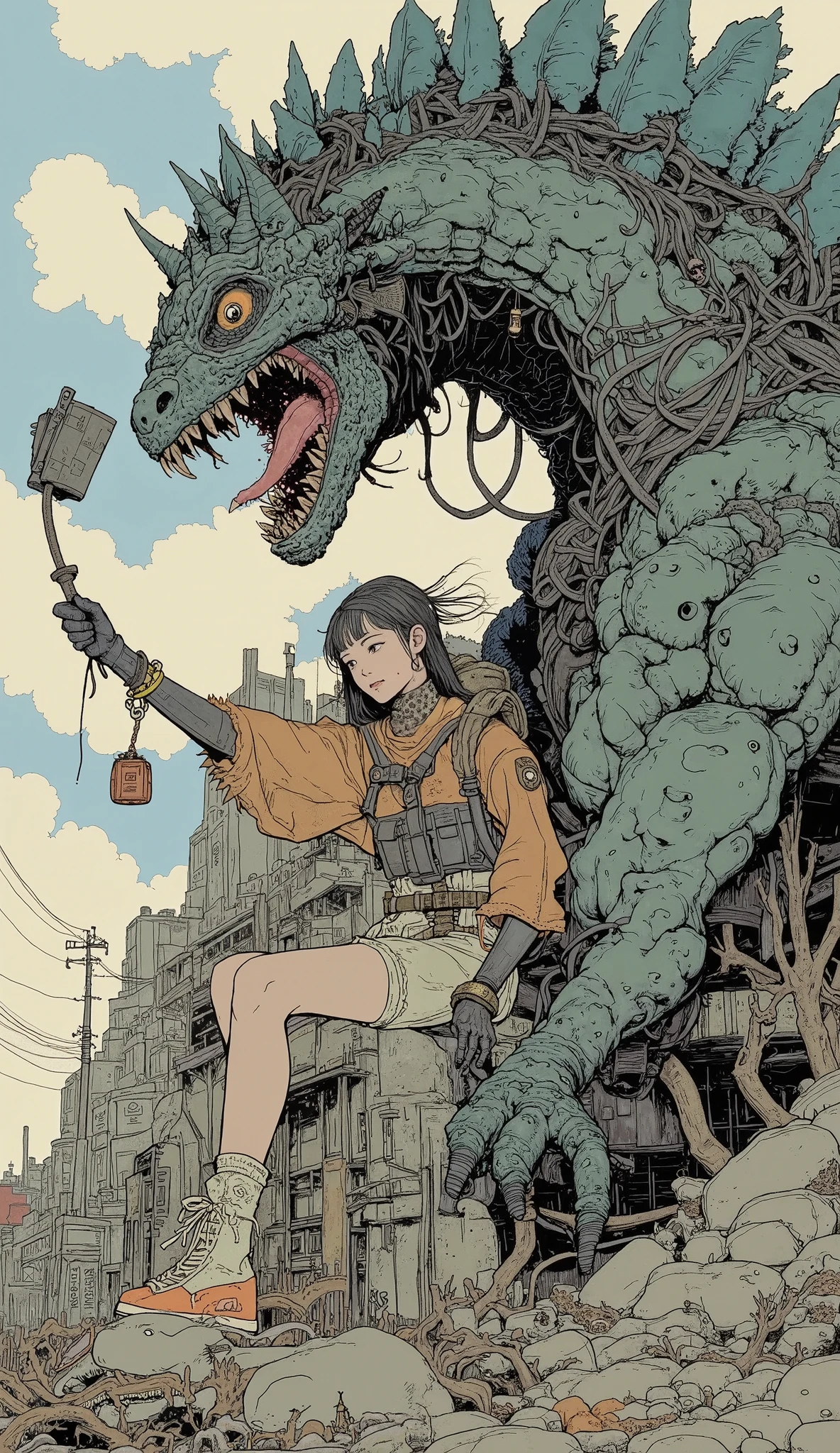 The teenager girl and the mechanical dragon share a bond. They stand side by side, the dragon’s metallic tail curling protectively around the teen. Opal green hair, The jacket blends seamlessly with the dragon’s metallic hues. The damaged cityscape serves as a testament to their shared struggle, fantasy world, dark background, clean design, epic, artstation, colorful paint splatter, silhouette, hyper detailed intricate details, unreal engine, fantasy, splash screen, complementary colors, deviantart masterpiece, oil painting, heavy strokes, paint dripping, indifferent expression